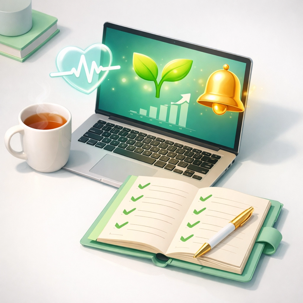 Organized desk with a laptop and health icons symbolizing strategic growth for a wellness blog or business.
