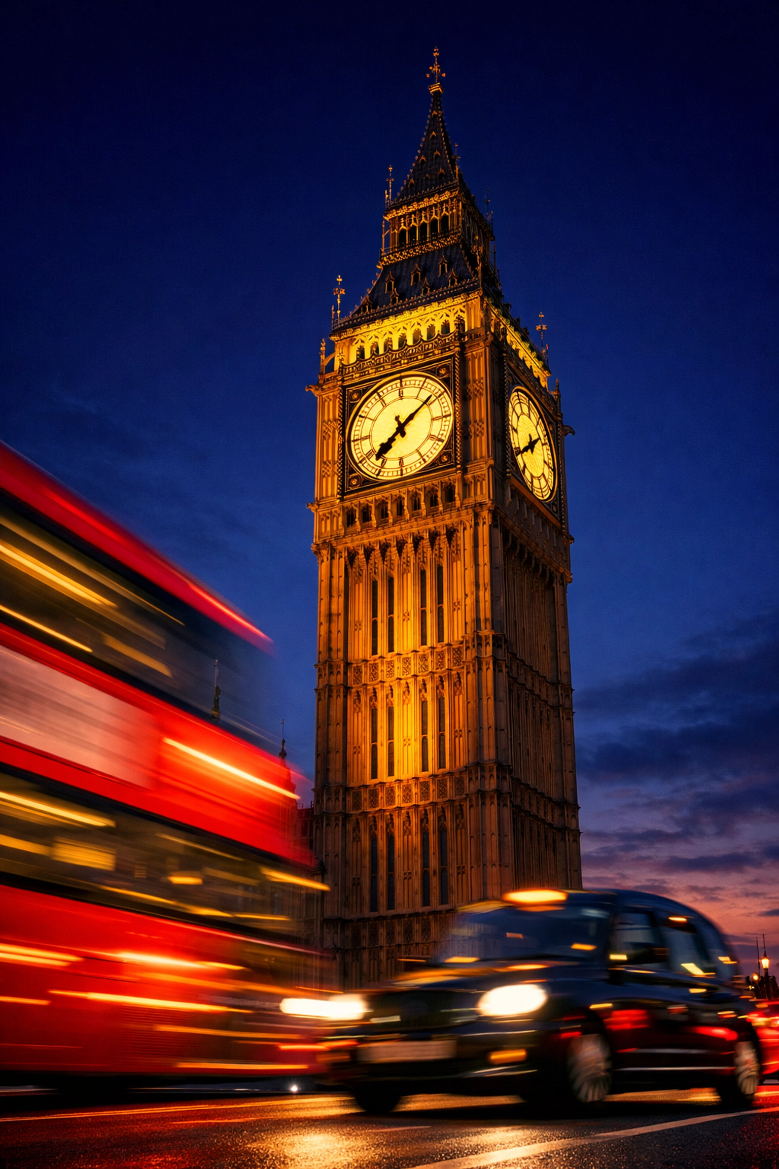 Big Ben clock tower at dusk showing the current London time during the GMT and BST transition.
