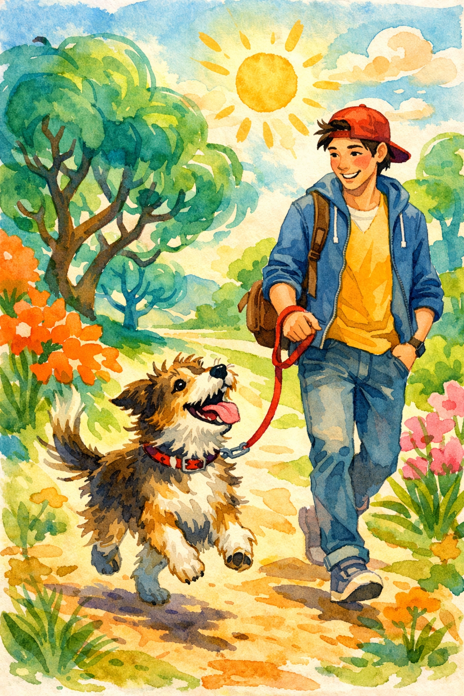 A college student happily walking a scruffy rescue dog through a colorful park while volunteering.