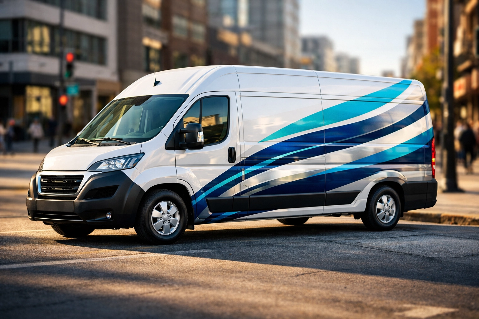 Commercial cargo van featuring a custom partial vehicle wrap and vinyl decals