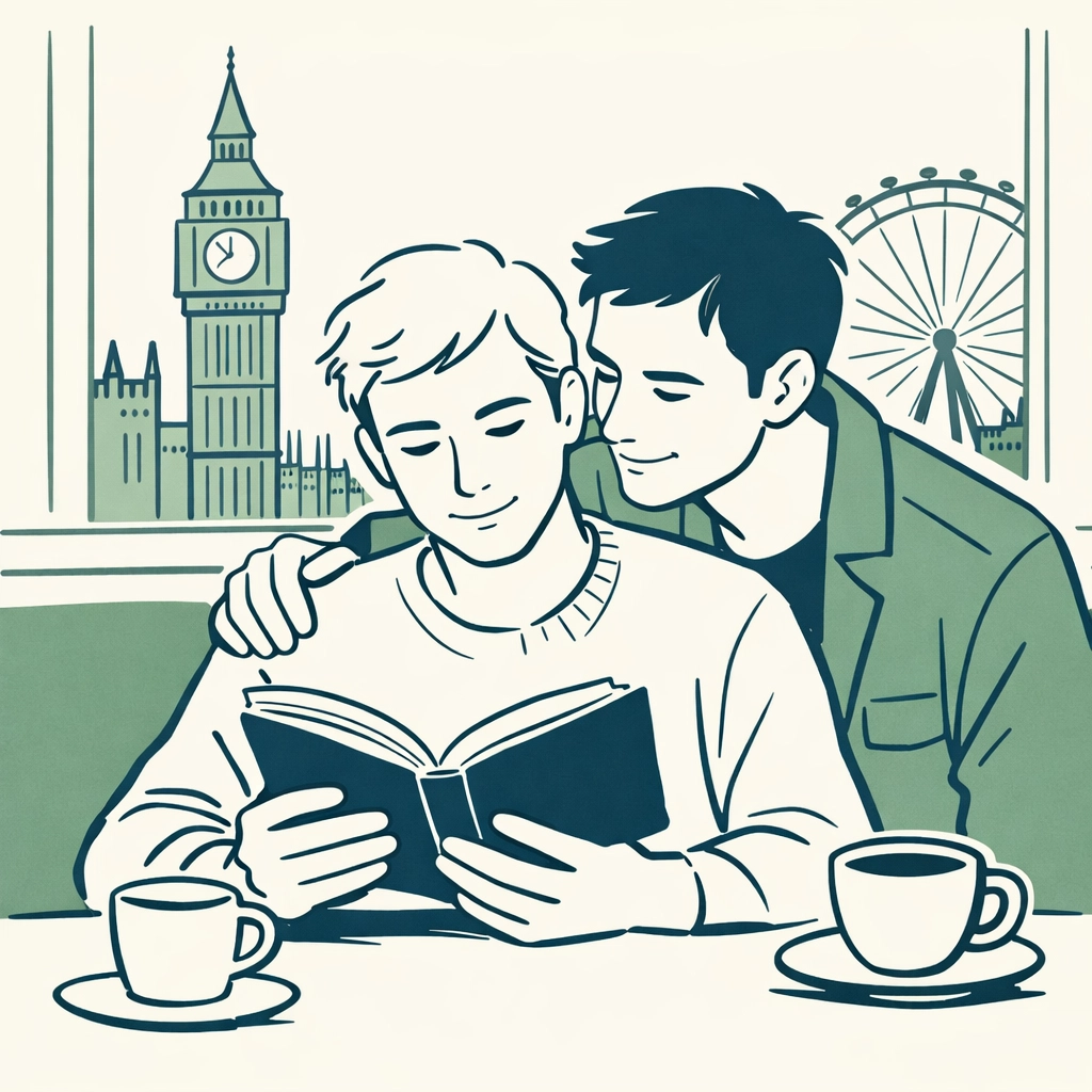 Two men reading MM romance novels together in London café - contemporary gay literature