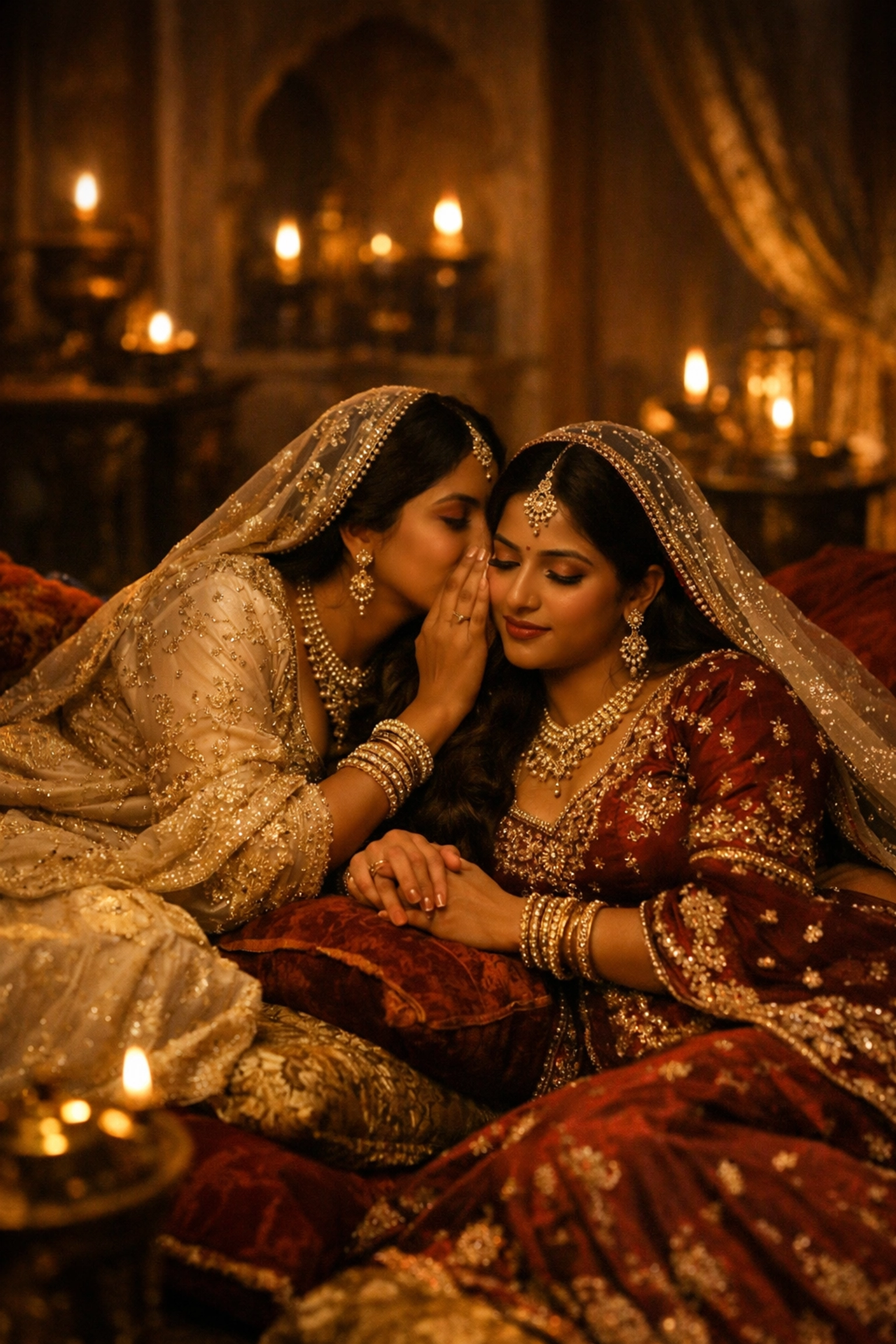 Two South Asian women in historical dress sharing an intimate moment in a candlelit Zenana chamber.