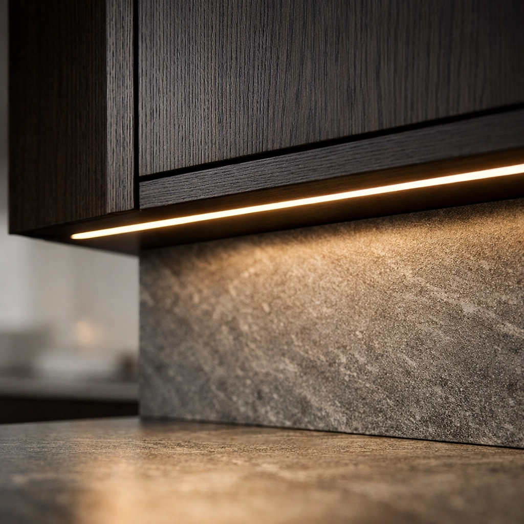 Custom LED lighting strip recessed into oak kitchen cabinets for a sophisticated glow.