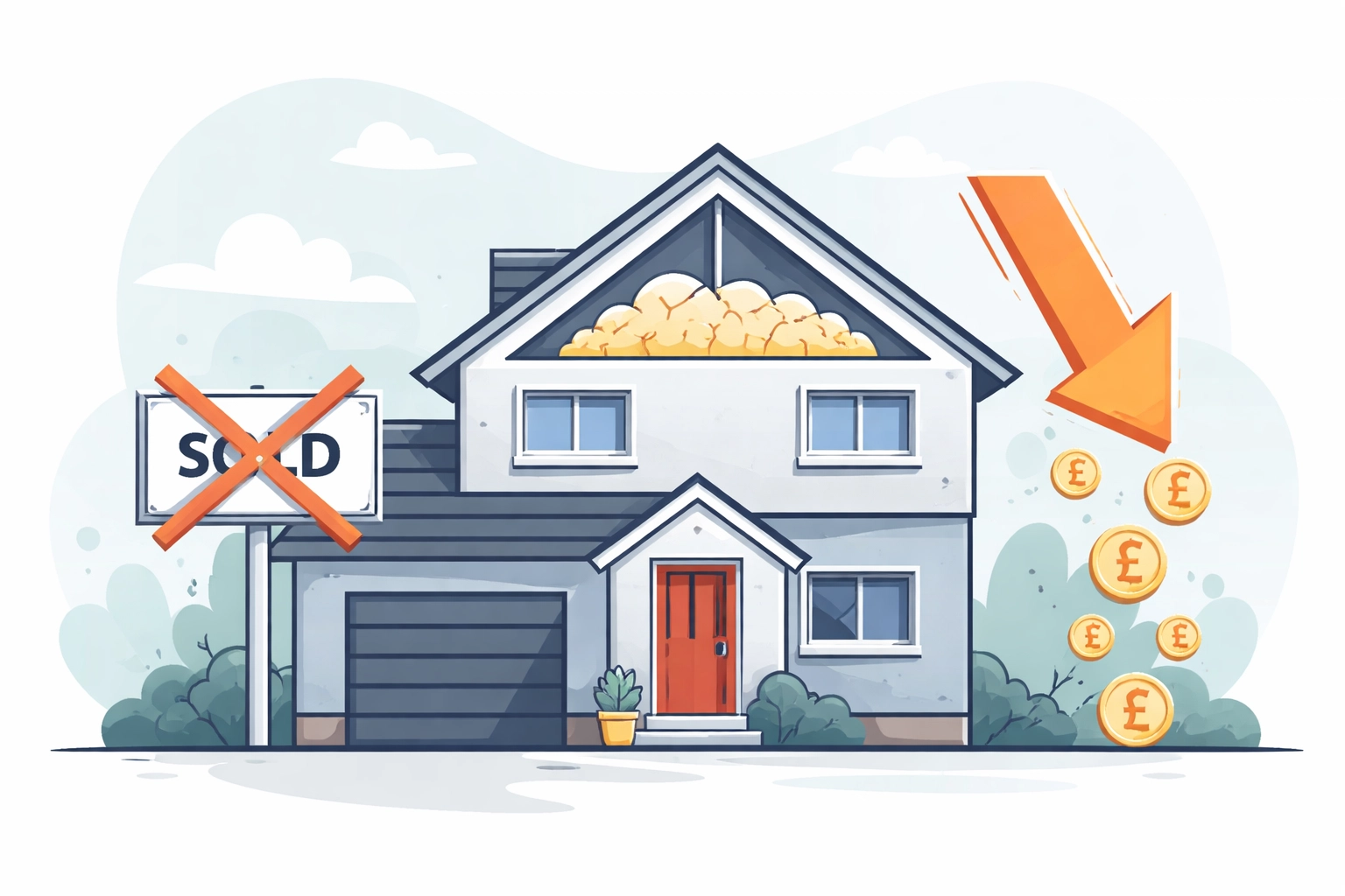 House illustration showing loft with spray foam, a rejected sale, and mortgage trap warnings