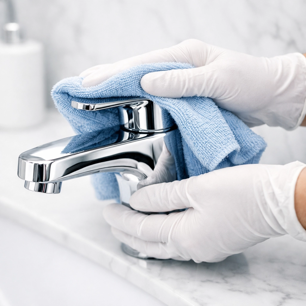 Professional cleaner polishing a bathroom faucet to a high shine for an apartment turnover clean.