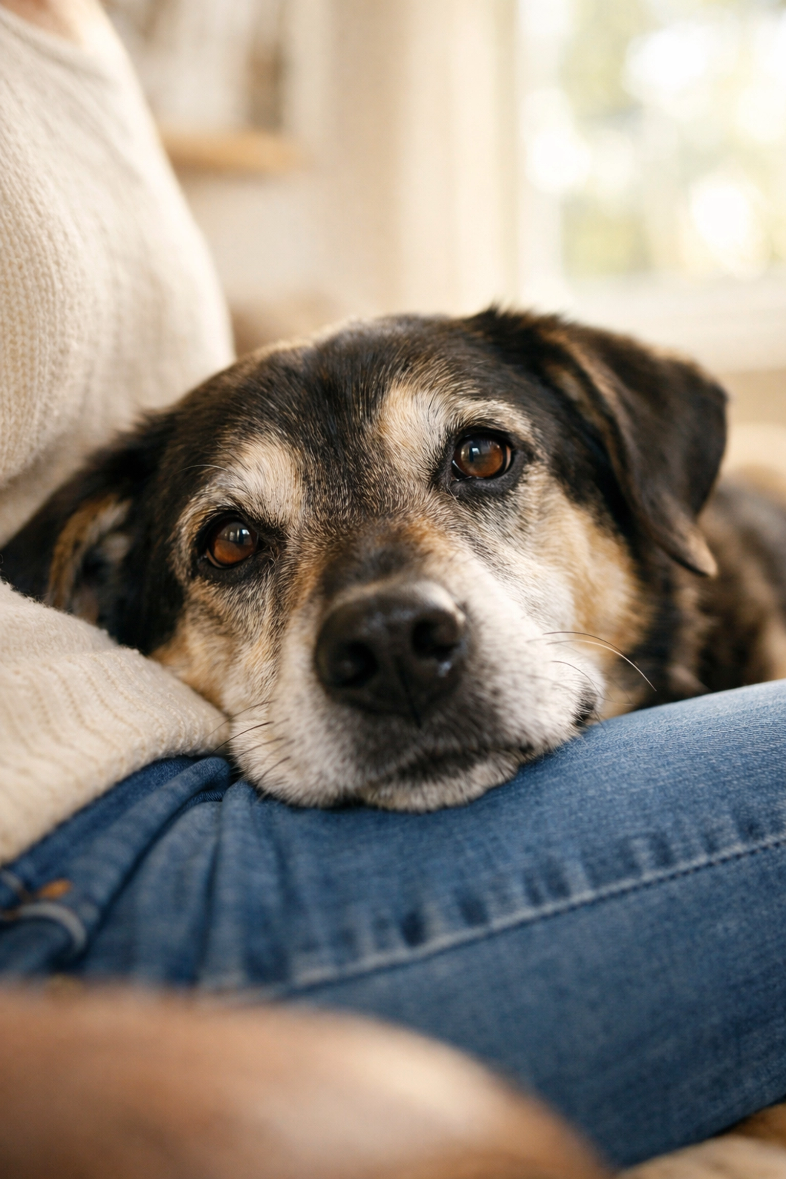 Senior rescue dog with graying muzzle resting head on owner's lap, showing hopeful expression