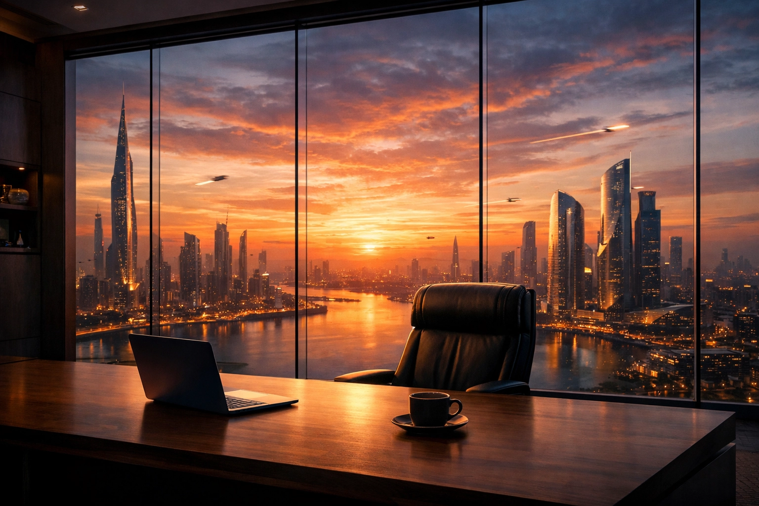 Modern office with a futuristic city view representing leadership in 2026 digital marketing