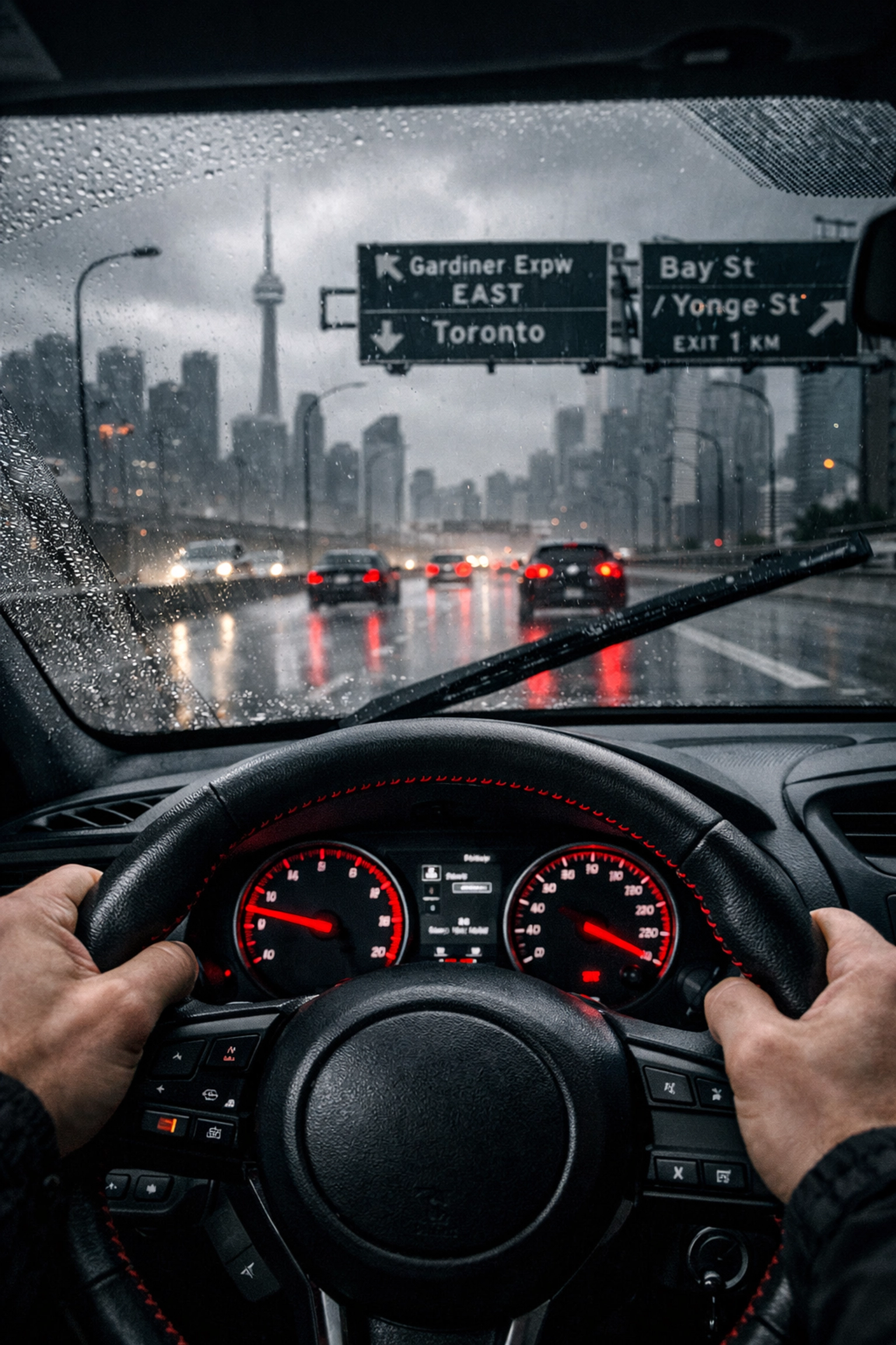 Driver gripping a tilted steering wheel on a rainy Toronto highway, illustrating poor wheel alignment.