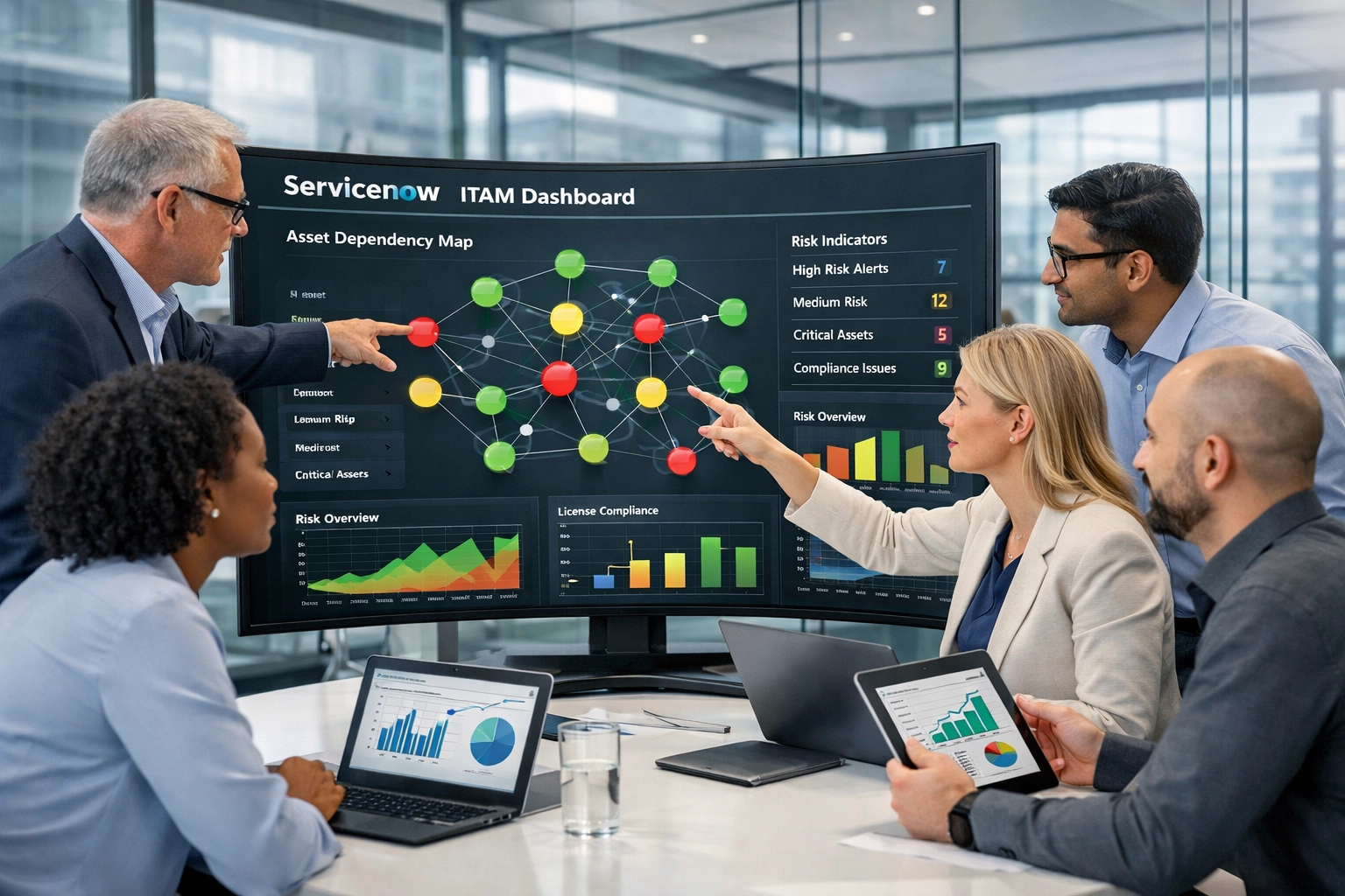 ServiceNow consulting team reviewing ITAM dashboard for DORA compliance and operational resilience implementation