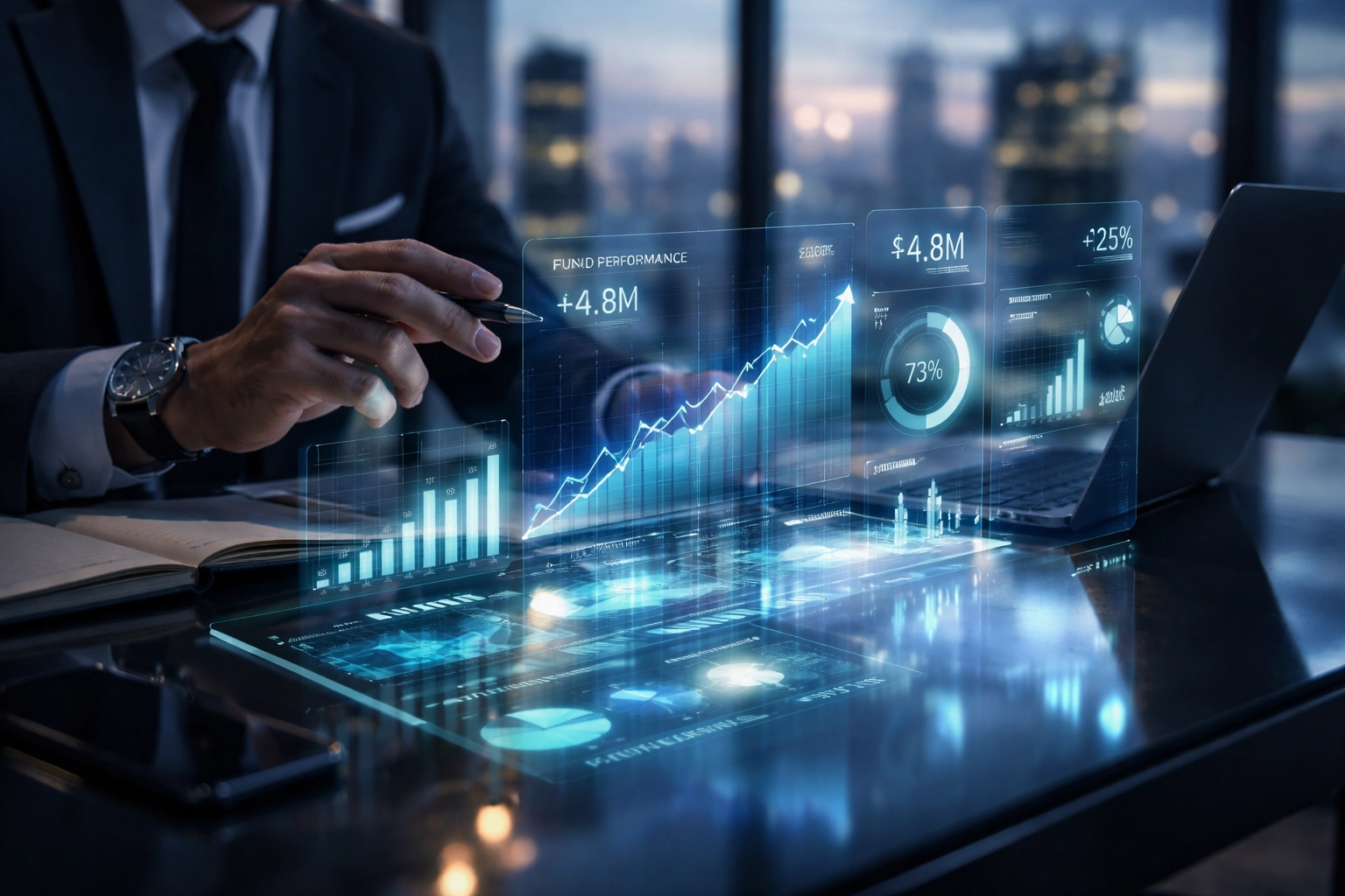 Executive analyzing investment performance data, representing private equity manager selection process