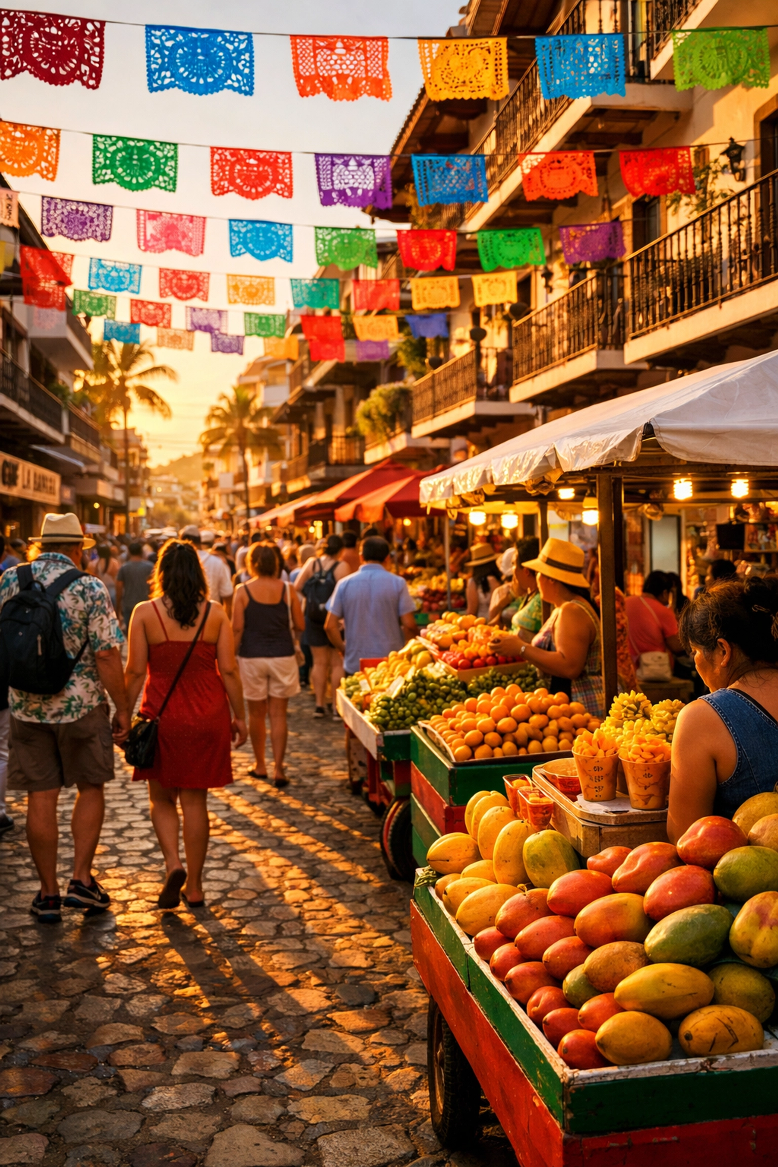 Bustling cobblestone street in Zona Romantica Puerto Vallarta with local vendors and colorful buildings