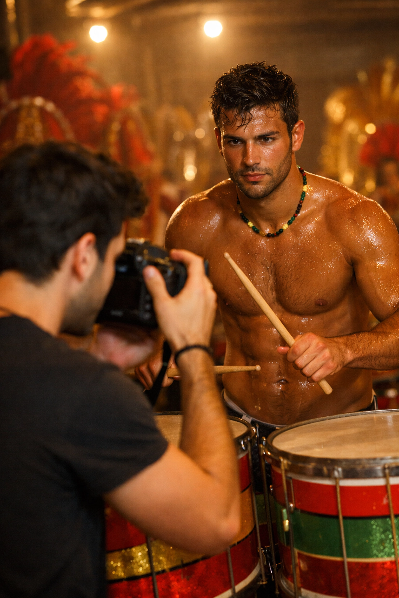Gay romance between Brazilian samba drummer and photographer at Rio Carnival rehearsal