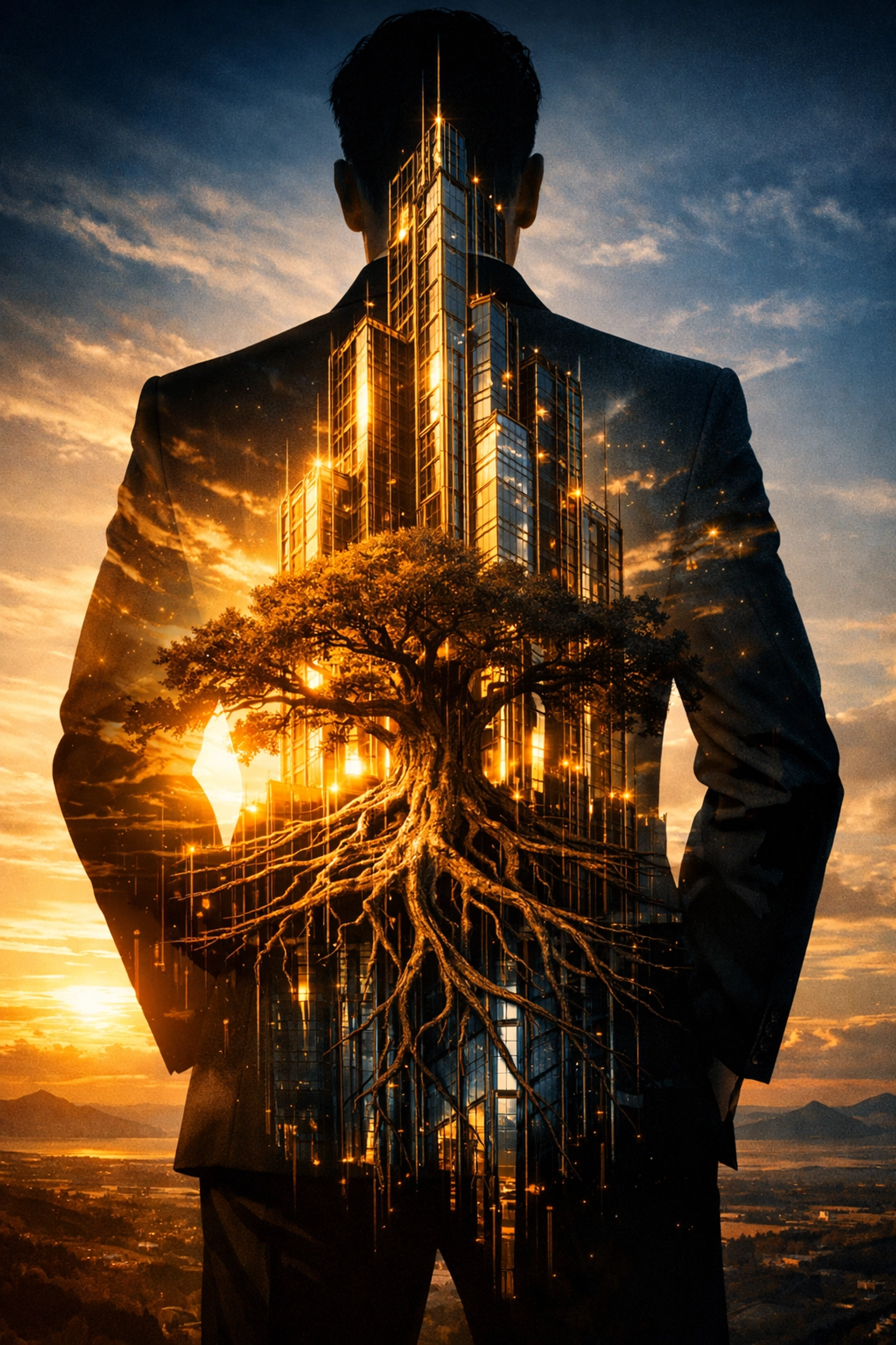 Entrepreneur silhouette featuring a skyscraper and deep roots symbolizing a strong business legacy.