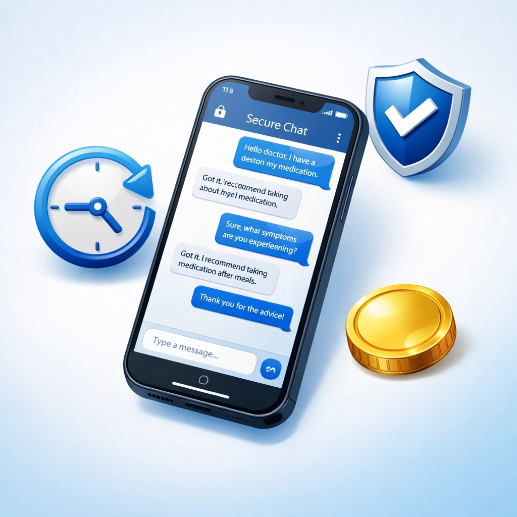 Secure medical messaging on a smartphone representing fast online urgent care and flat-rate pricing.