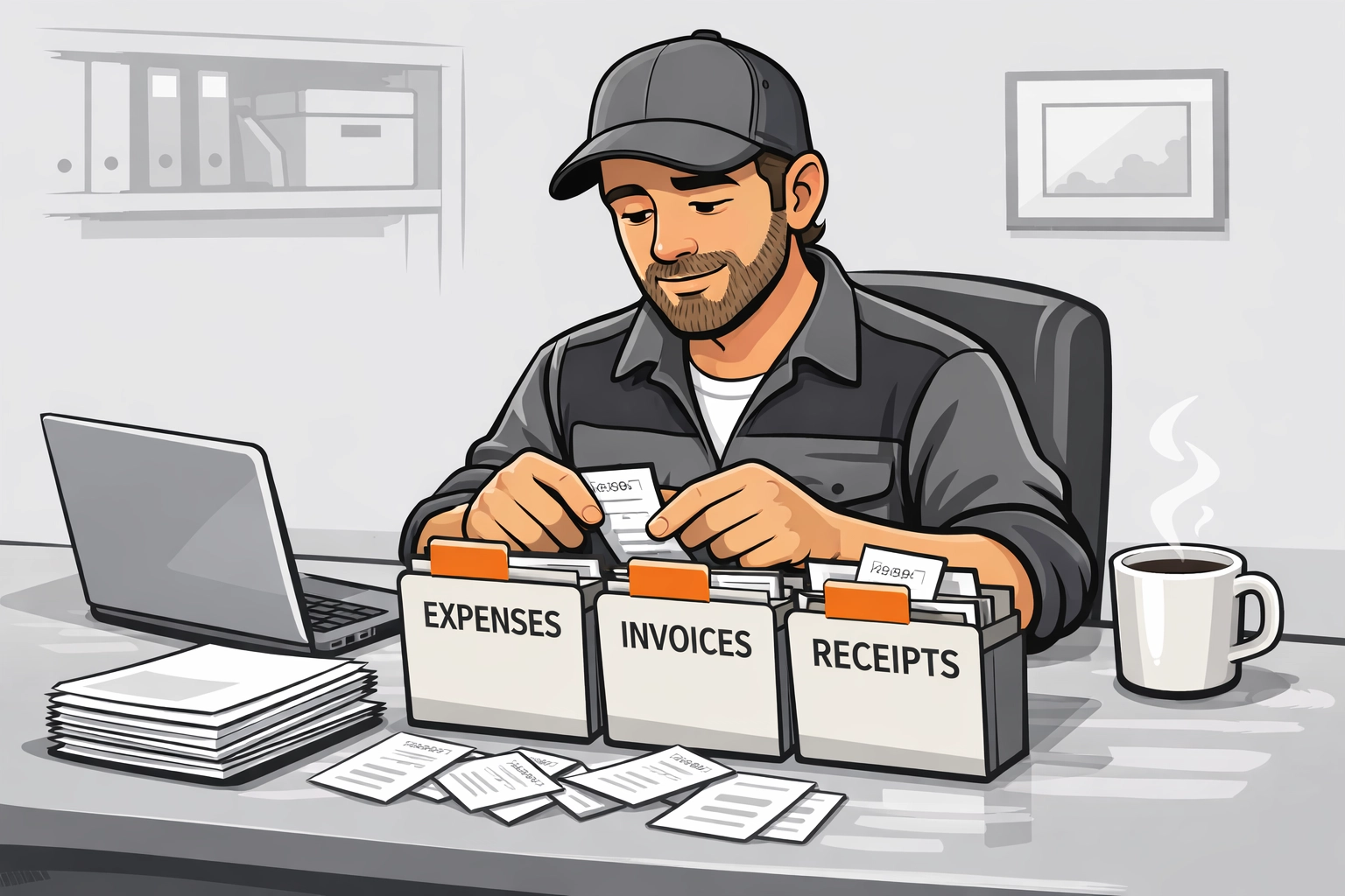 Construction subcontractor organizing CIS receipts and tax documents at desk