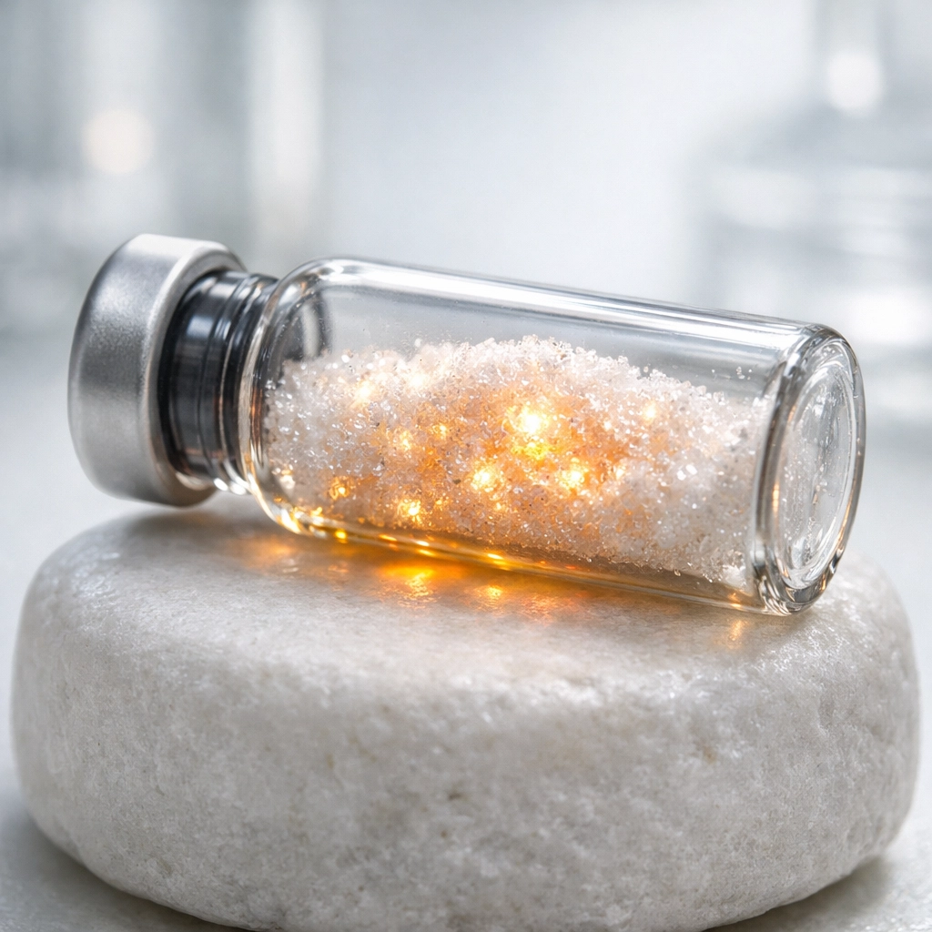 Shimmering white peptide powder in a vial representing metabolic energy expenditure and glucagon.