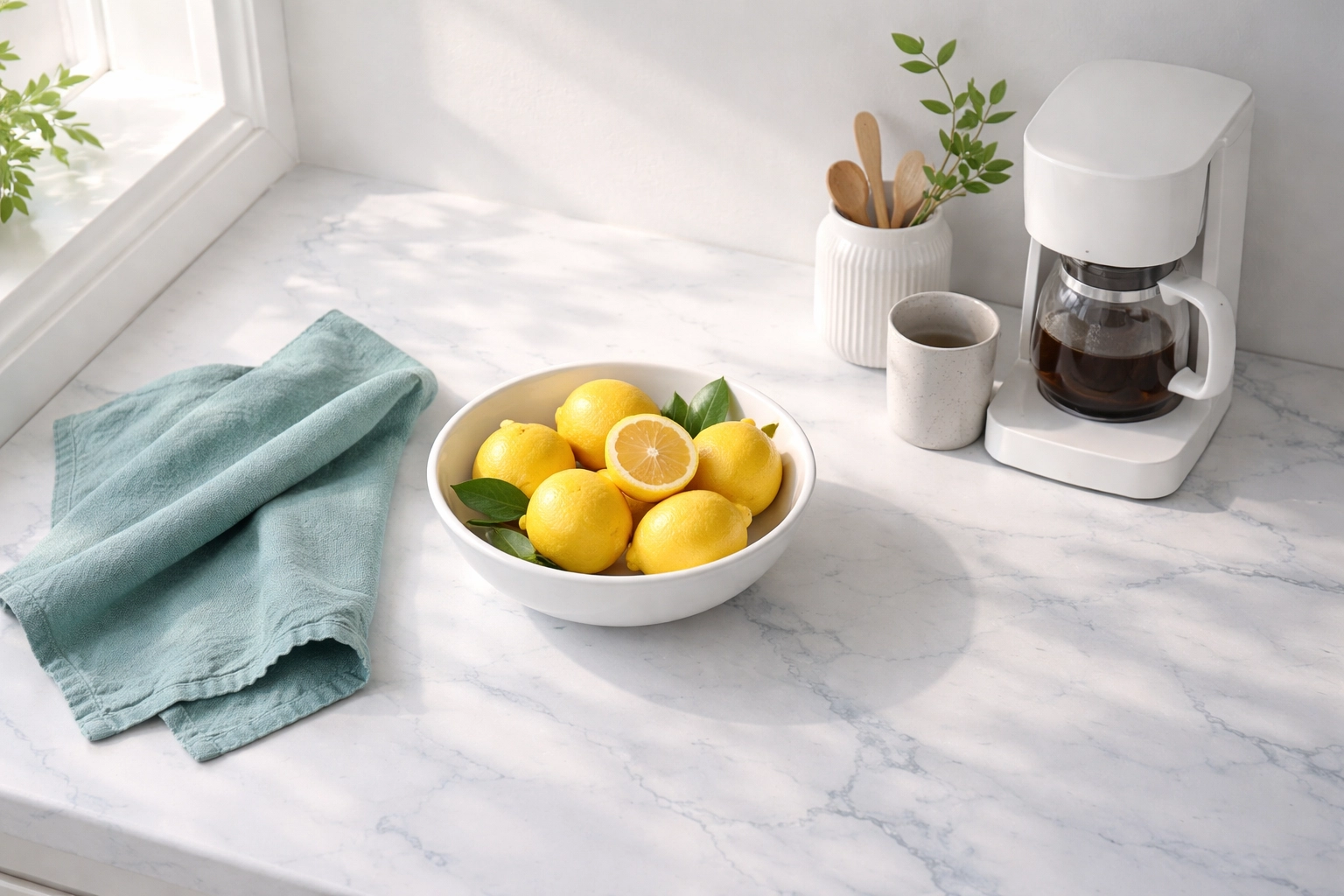Tidy kitchen counter with fresh lemons and coffee maker, showing benefits of an evening cleaning routine.
