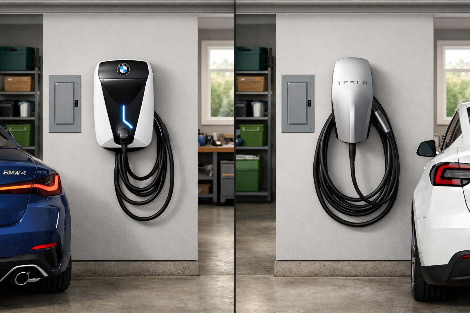 BMW Wallbox and Tesla Wall Connector side-by-side comparison installed in residential garage
