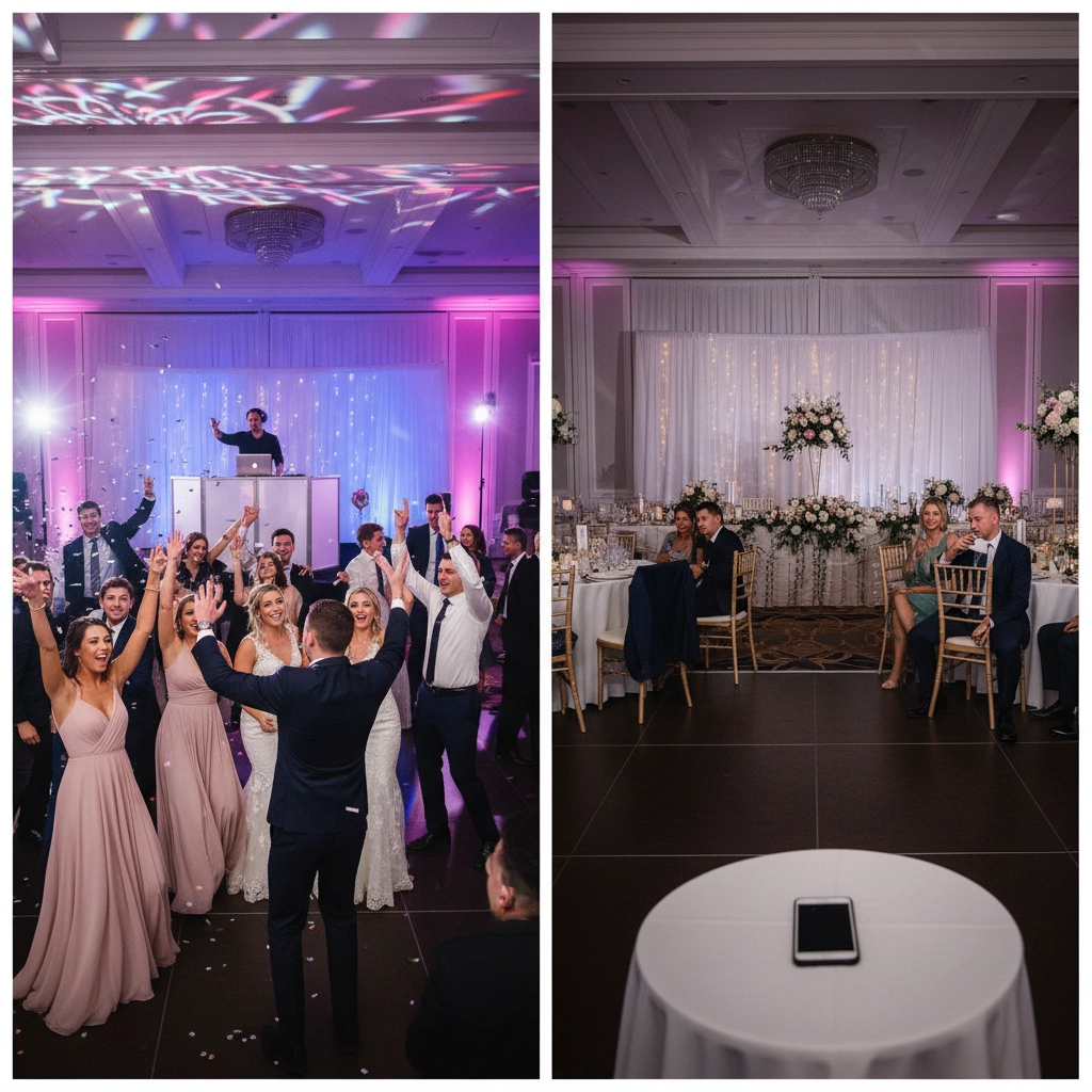 Wedding reception with guests dancing under colorful lights on the left; elegant table setup and phone on a table on the right.