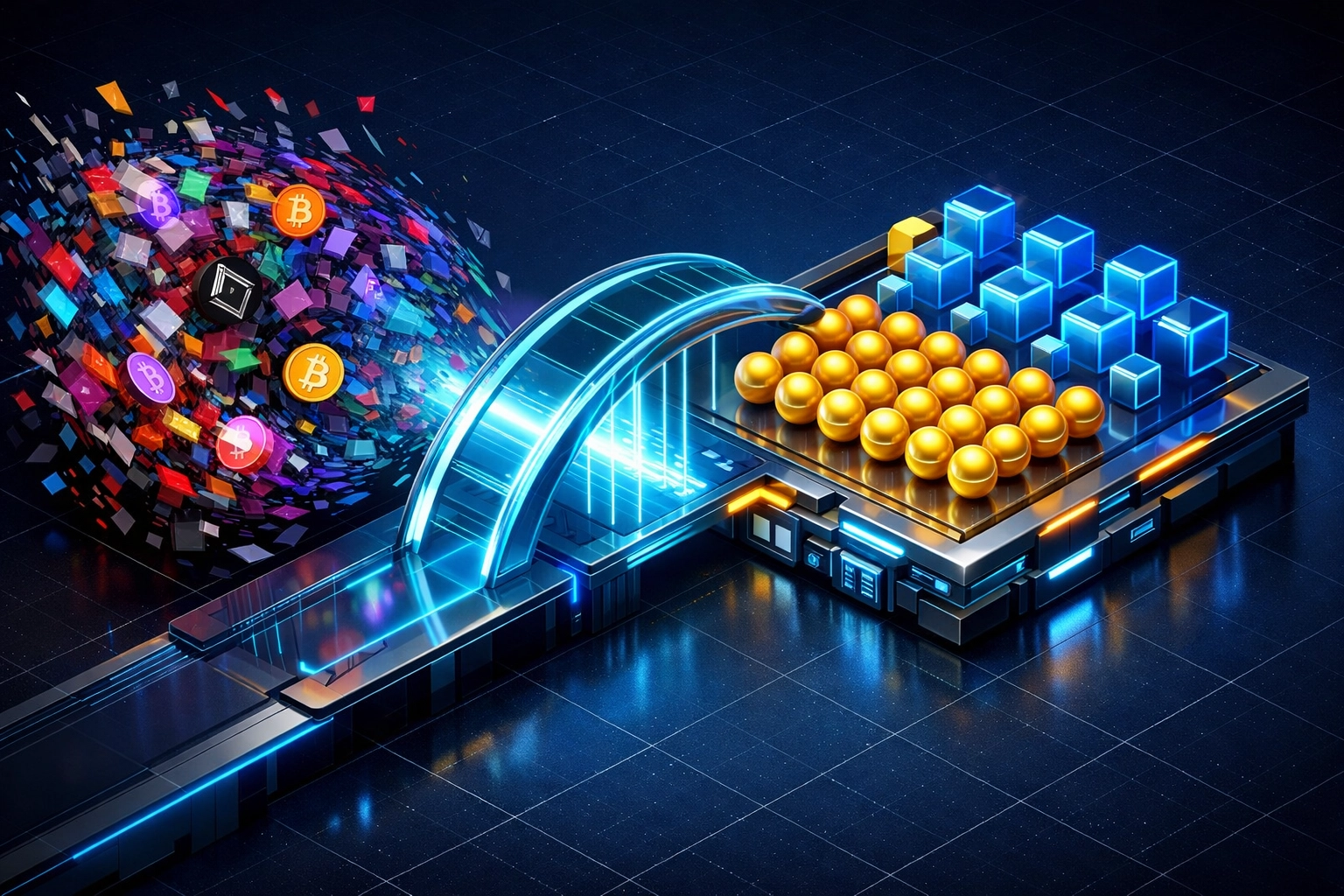 Larecoin crypto bridge transforming fragmented tokens into organized liquid assets for merchant liquidity.