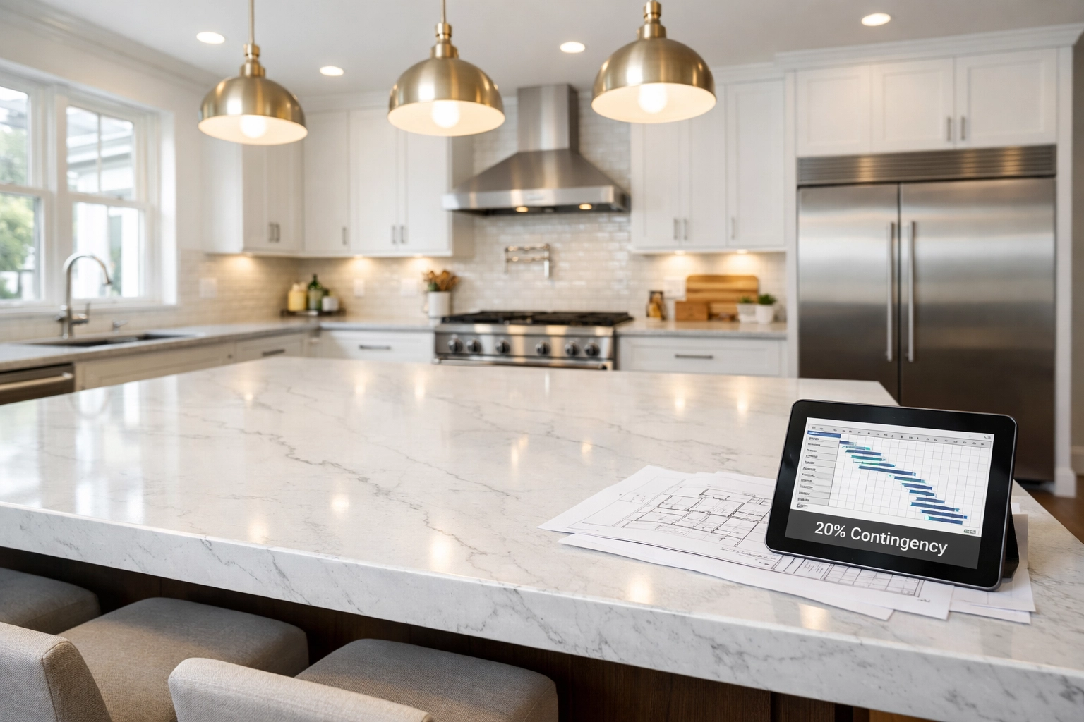 Modern Nashville kitchen renovation with quartz island and shaker cabinets for high-ROI property management.