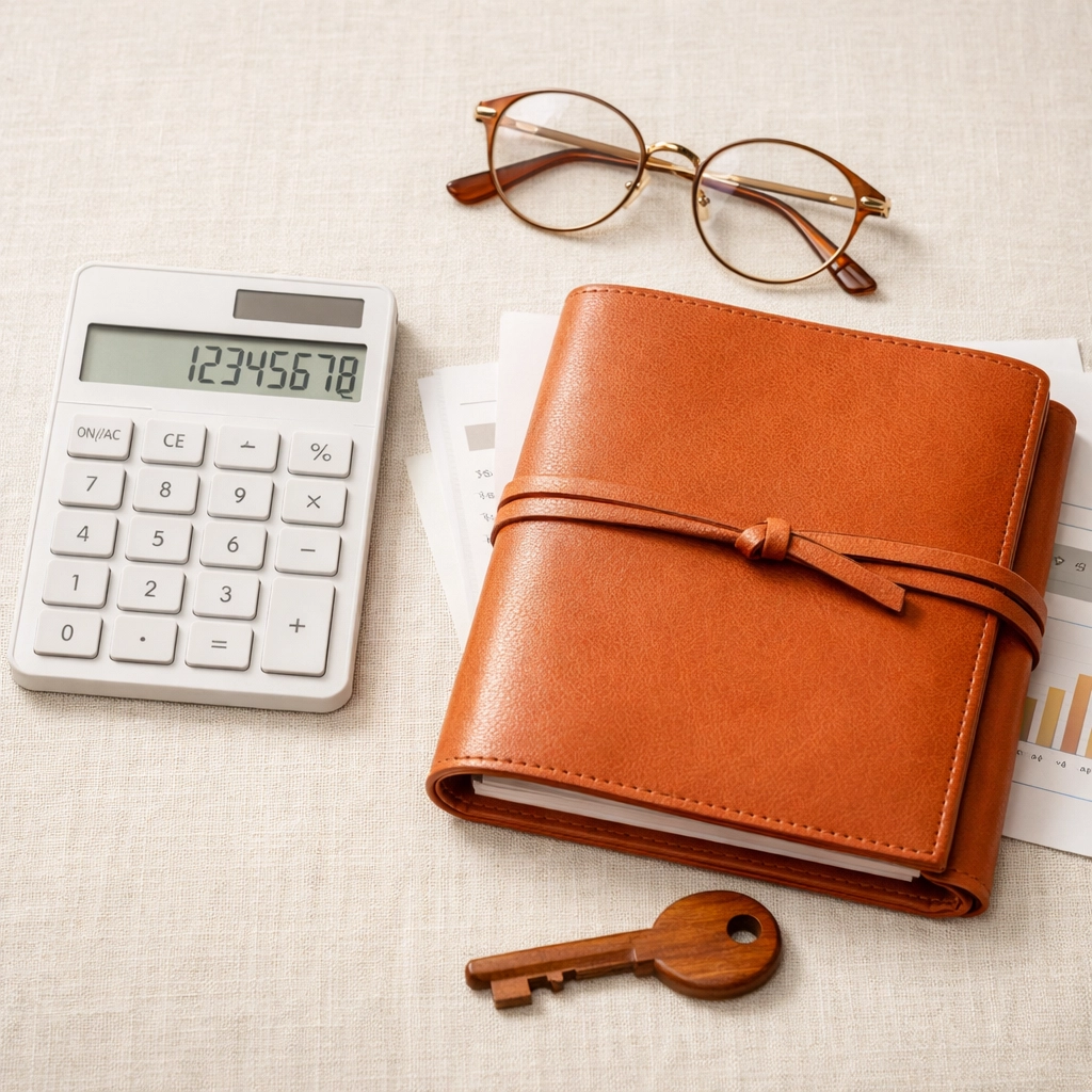 Financial calculator and leather portfolio on linen for a Virginia spousal support modification case.