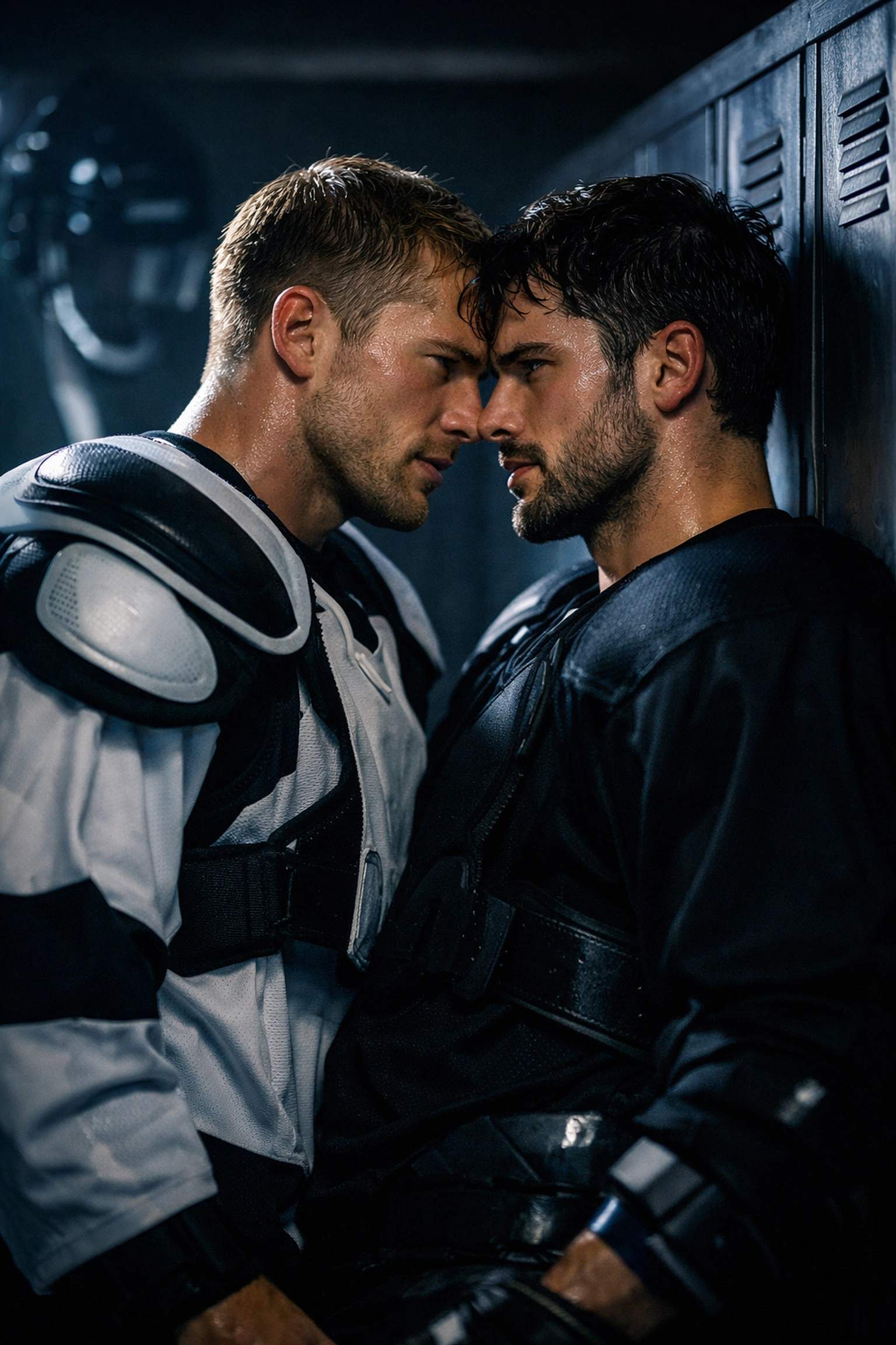 Two male athletes in a locker room during a steamy moment of MM sports romance tension.