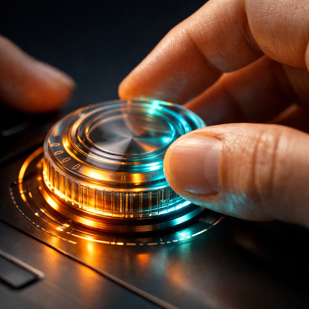 Hands adjusting a control dial to fine-tune AI customer service and maintain a consistent brand voice.