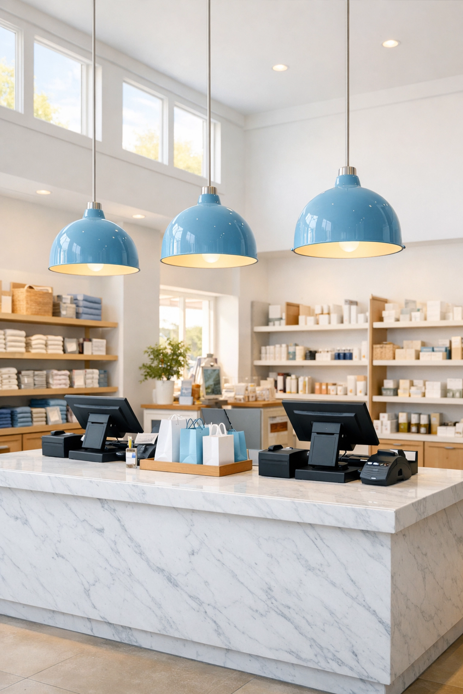 Dust-free checkout counter and organized retail shelving in a clean Malden commercial space.