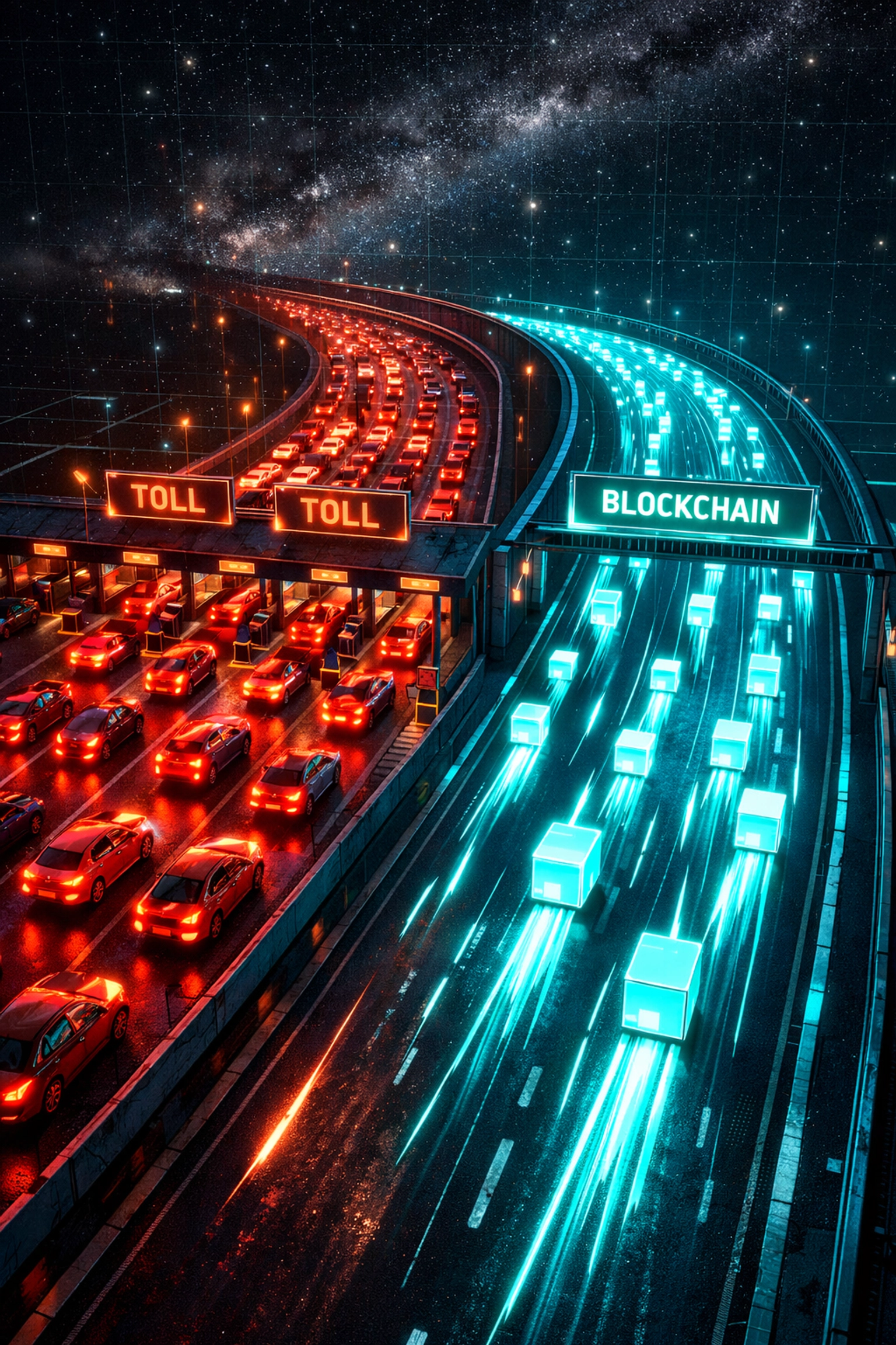 Fast blockchain payment settlement compared to slow traditional payment processing lanes