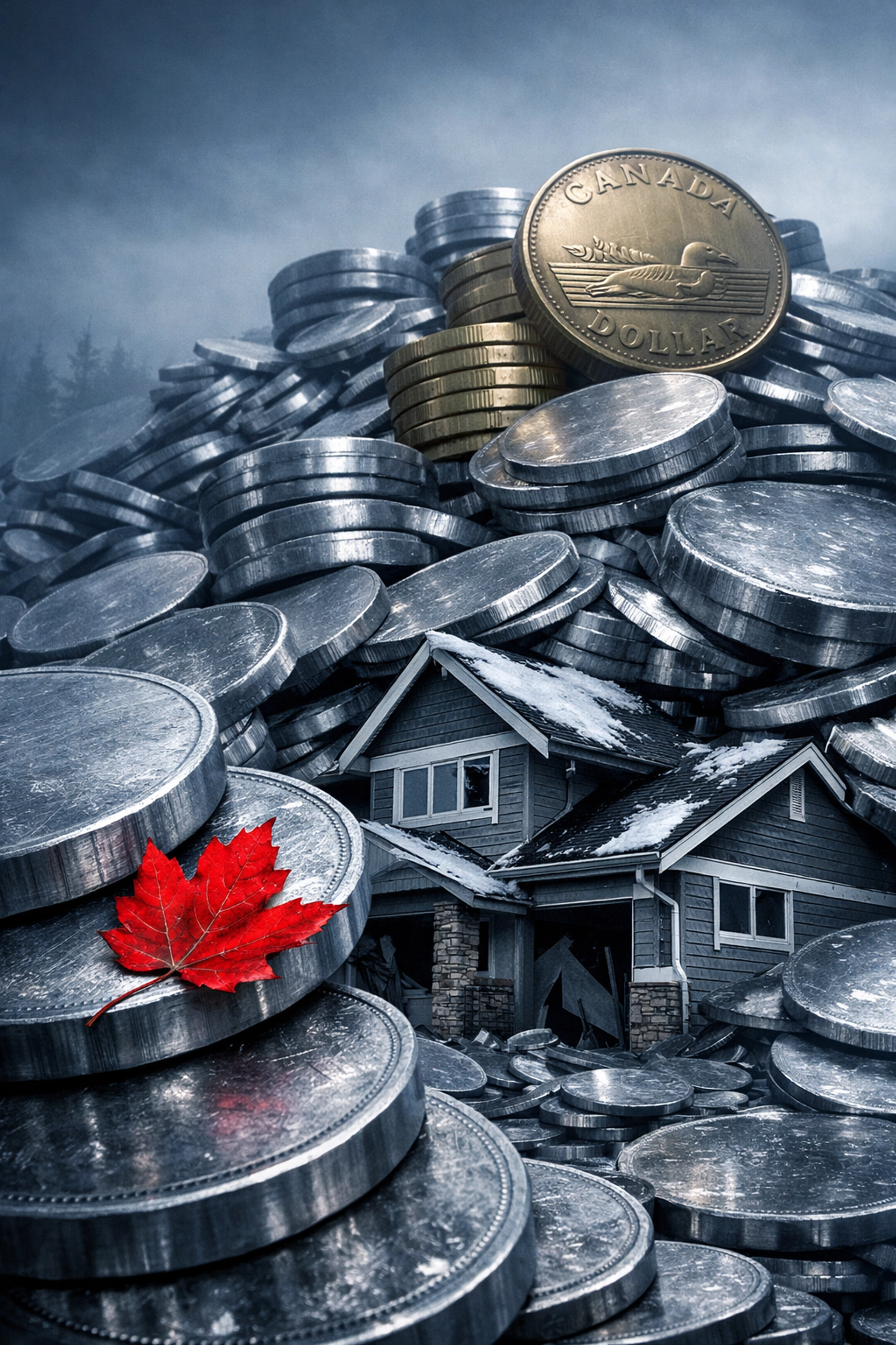 Modern Canadian house partially buried under a mountain of loonies, symbolizing record-high household debt.