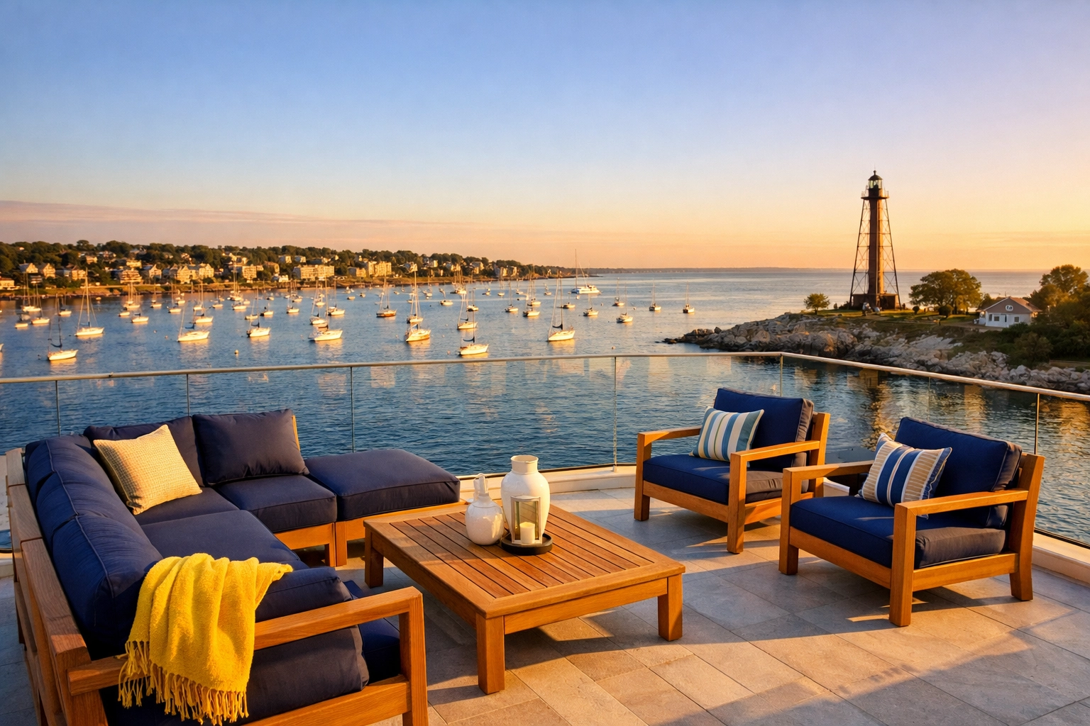 A stunning Marblehead Harbor view seen from a clean luxury balcony maintained by luxury cleaning in Marblehead.