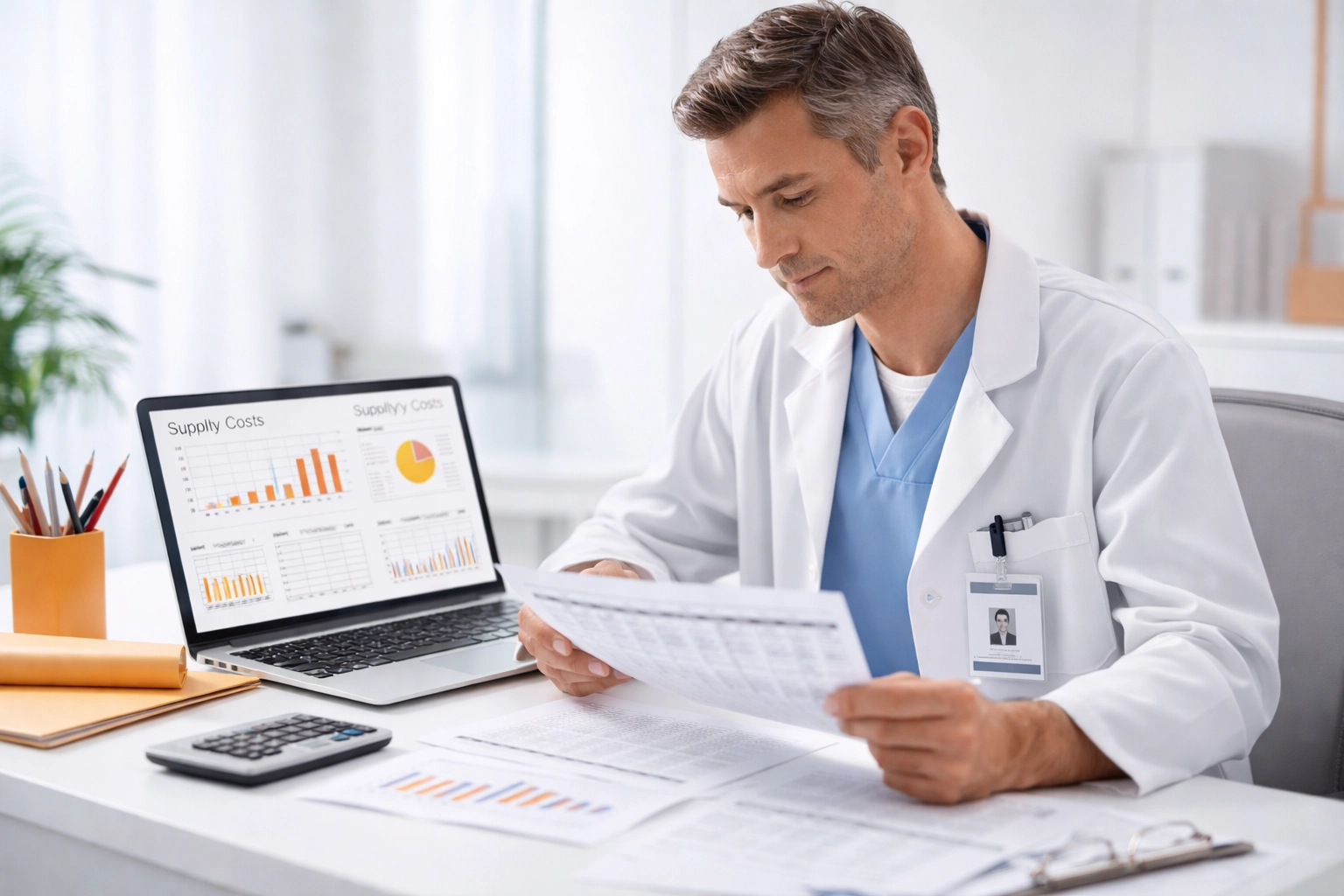 Healthcare procurement manager comparing surgical supply pricing data at office desk