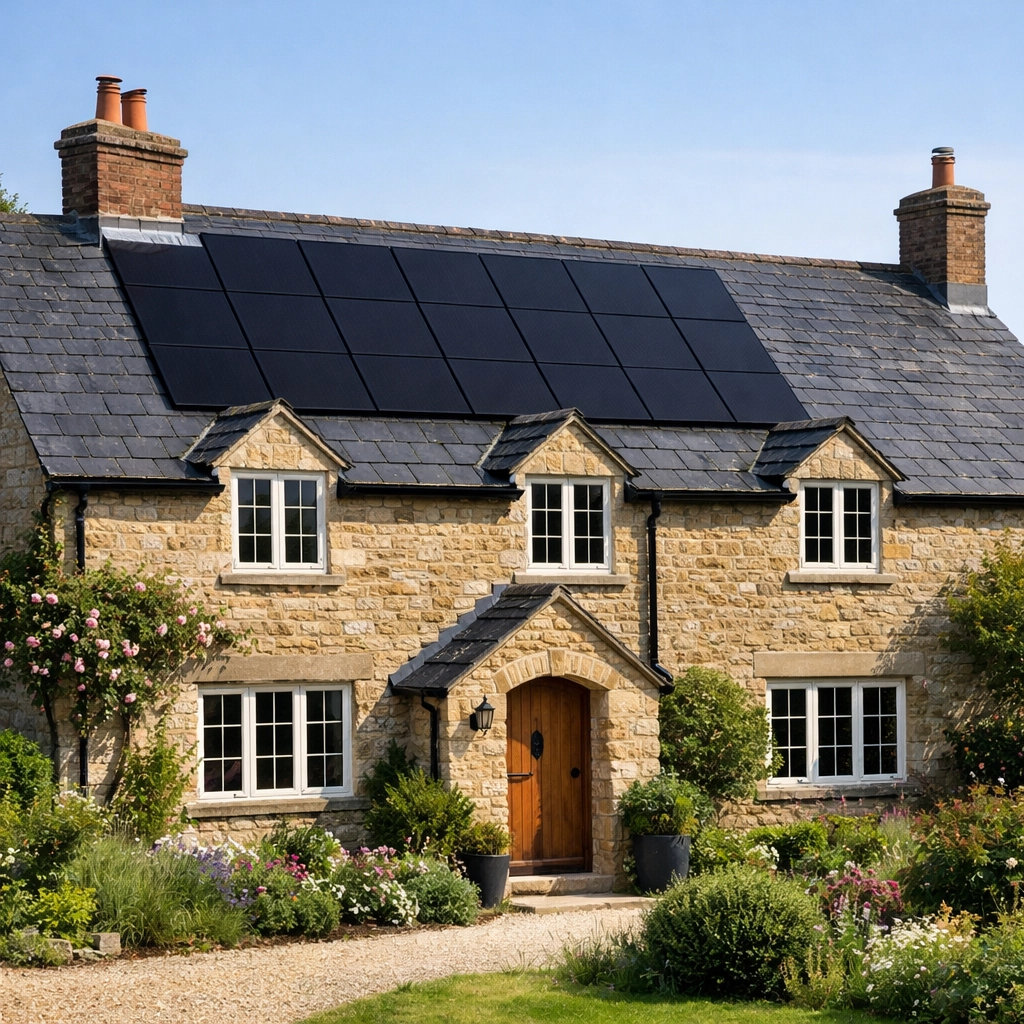 Traditional stone house in Dorset with solar panels, showcasing expertise in local heritage installations.