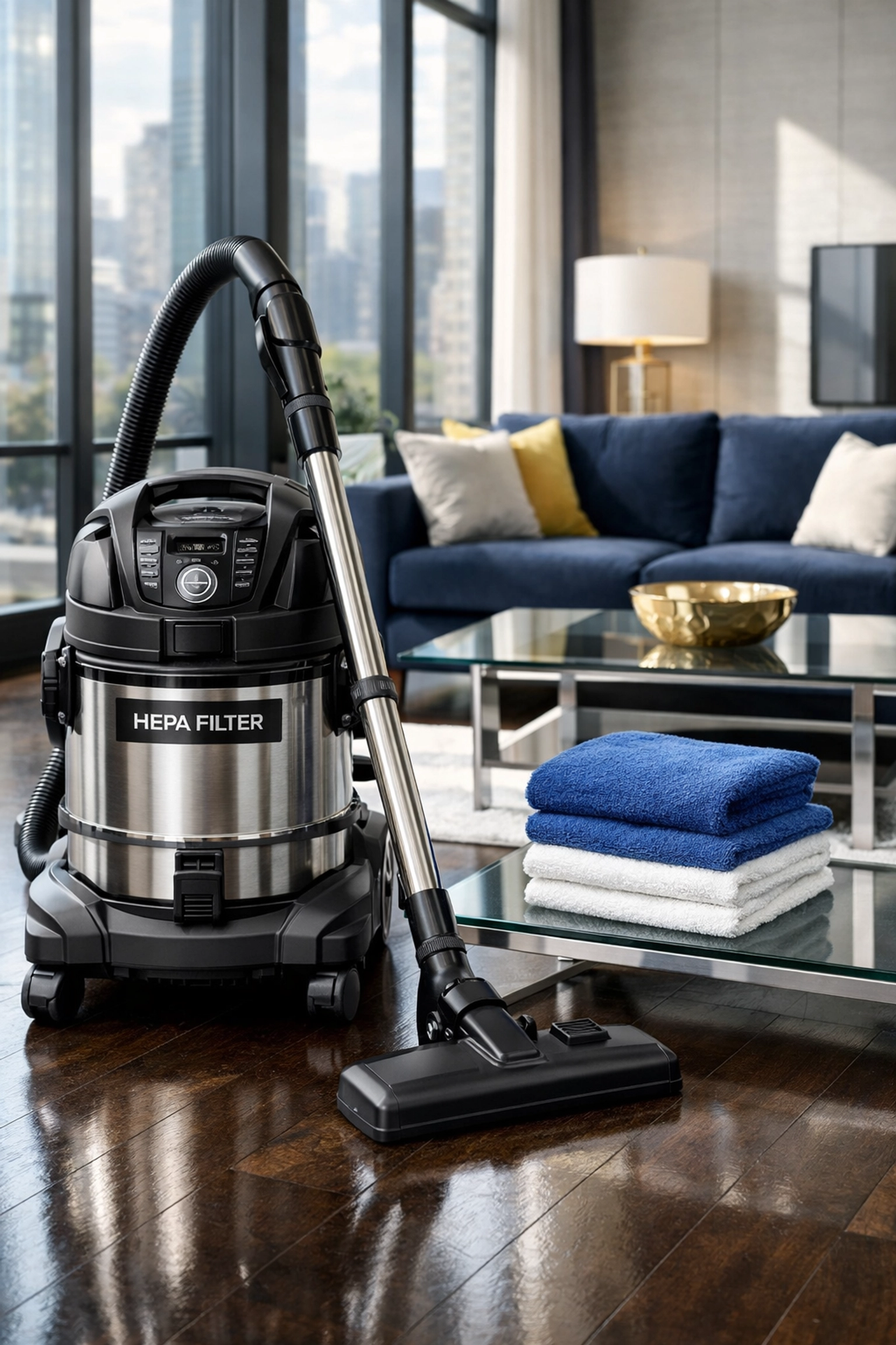 Professional HEPA vacuum and microfiber cloths for post-renovation dust removal in a clean living room.
