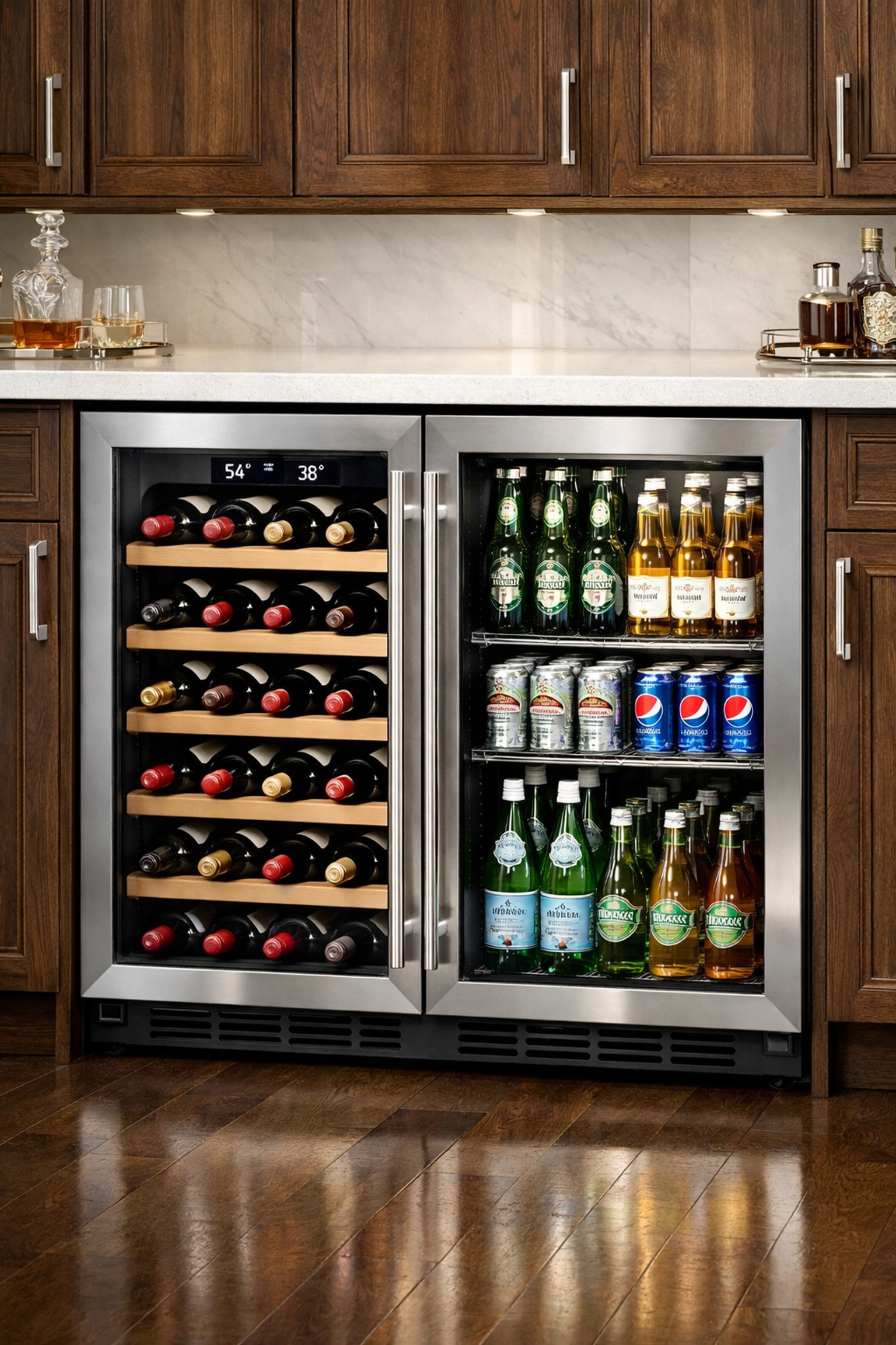 Sleek built in wine cooler and beverage fridge integrated into high-end walnut bar cabinetry.