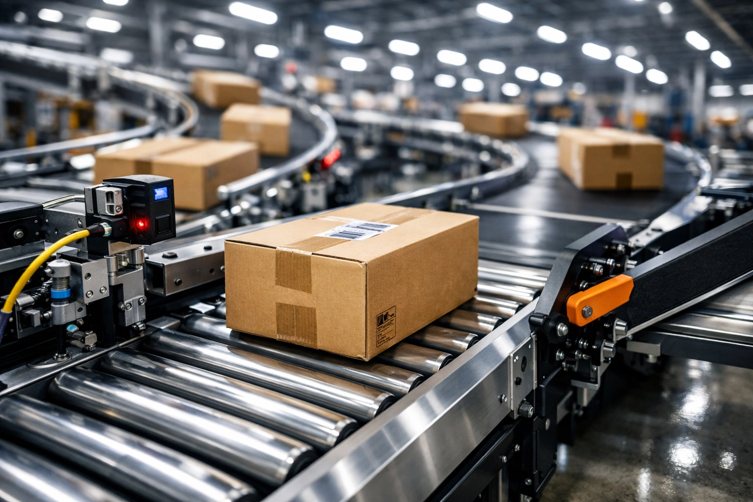 Automated conveyor sorting system in a high-performance warehouse optimizing distribution efficiency.