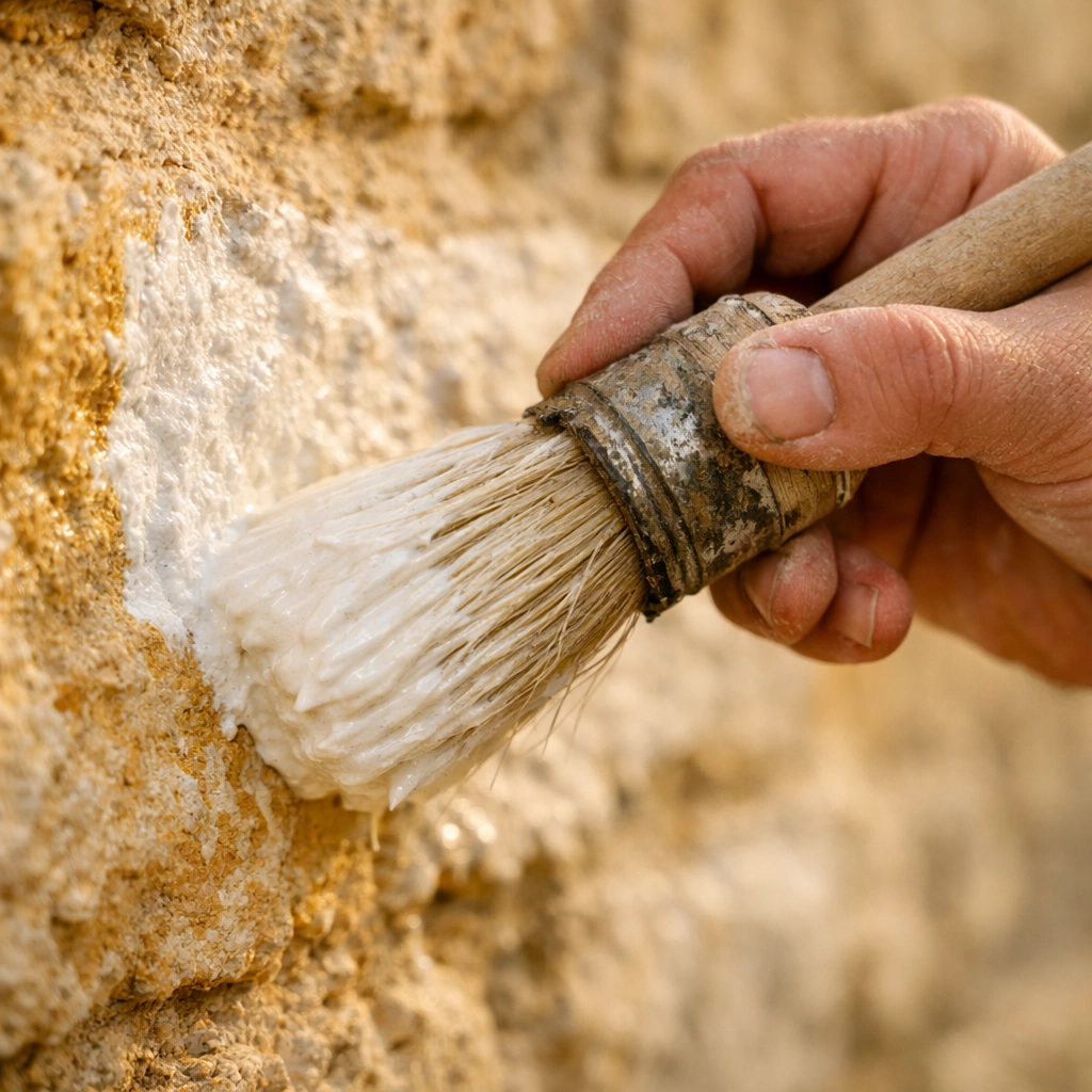 Applying limewash to Cotswolds limestone using traditional brushwork techniques