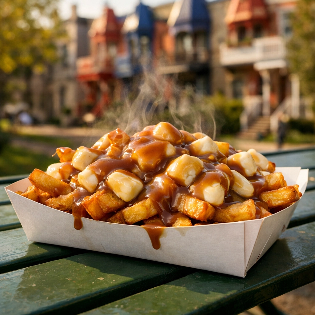 Hot Montreal poutine with golden fries and gravy served fresh at an outdoor picnic table in the Plateau.