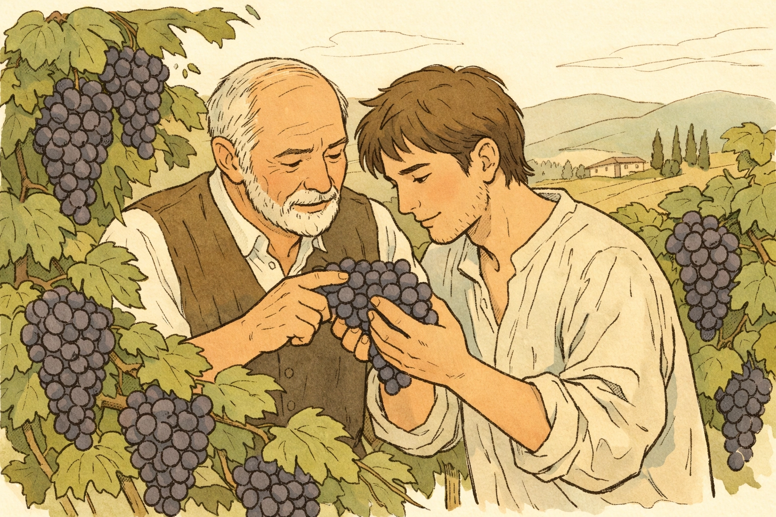 Mentorship moment during grape harvest in Tuscan vineyard age-gap MM romance