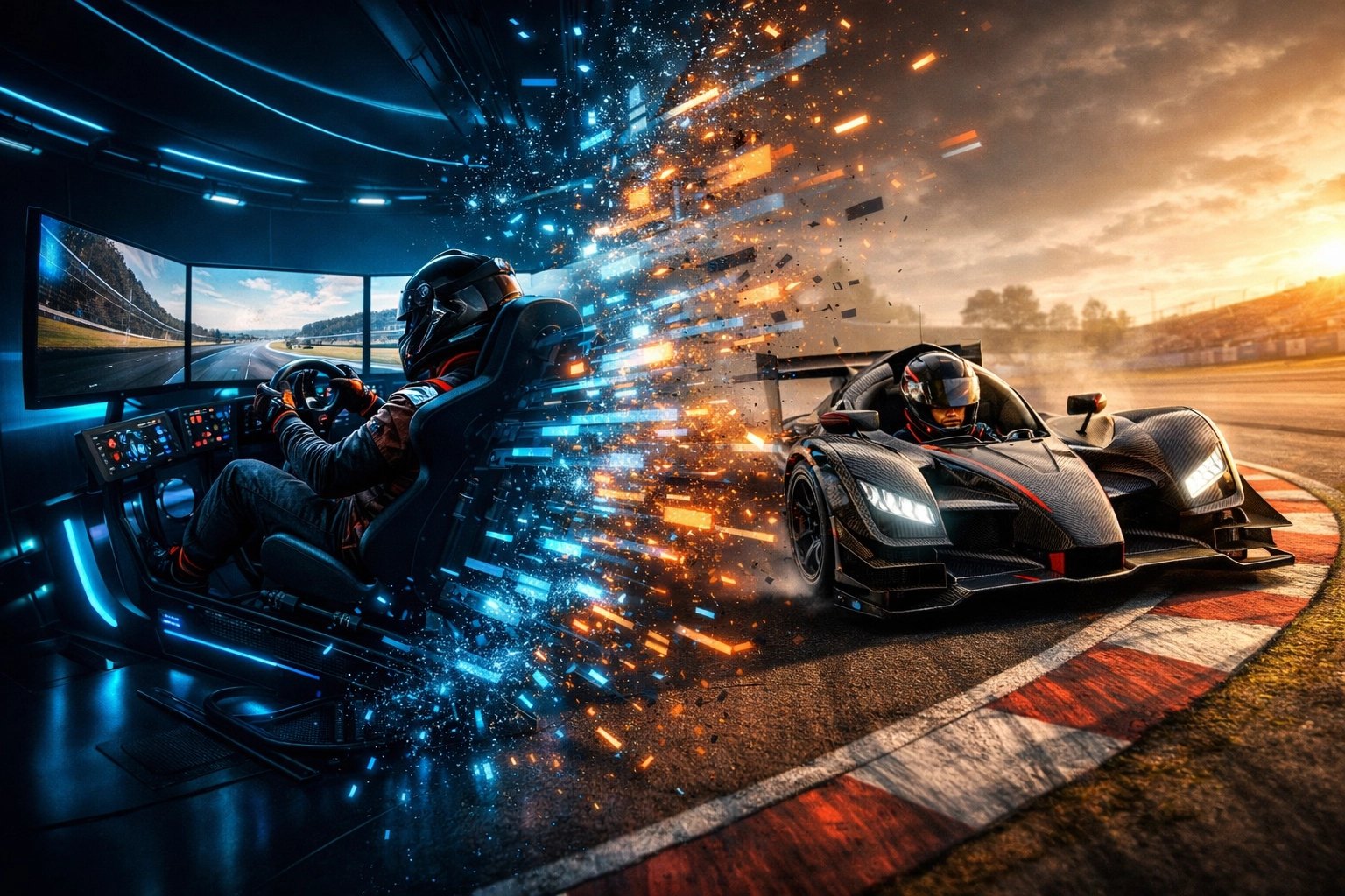 A driver transitioning from sim racing to real-world motorsport performance, showing digital innovation.