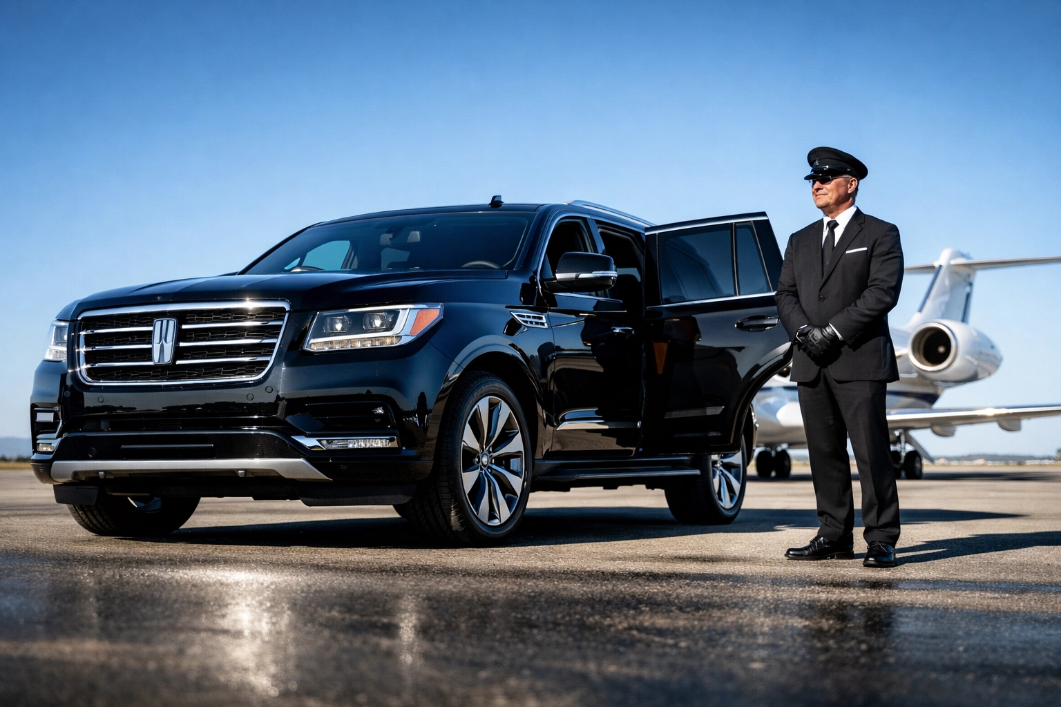 Luxury SUV and private jet awaiting corporate executives for elite Super Bowl travel logistics.