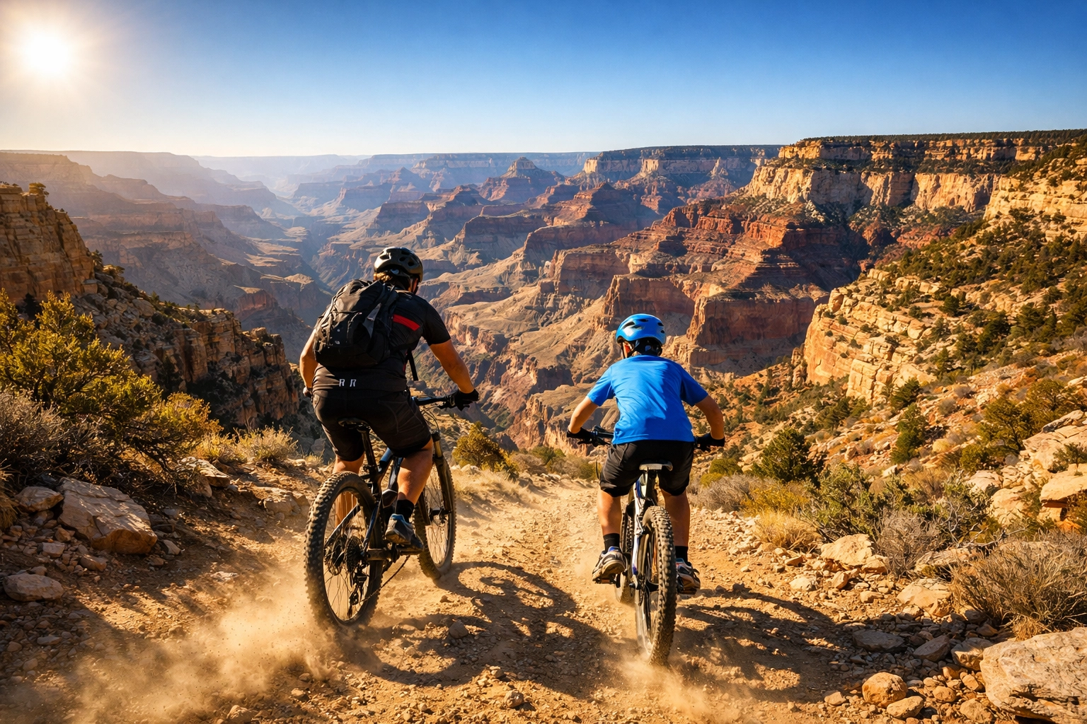 Parent and teen mountain biking at the Grand Canyon North Rim, a top family adventure travel activity.