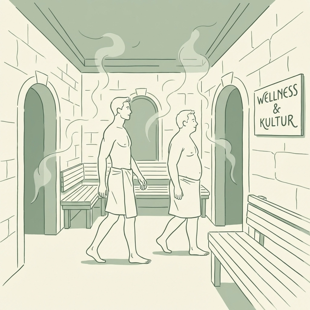 MM couple with diverse body types at European naturist spa exploring wellness and acceptance