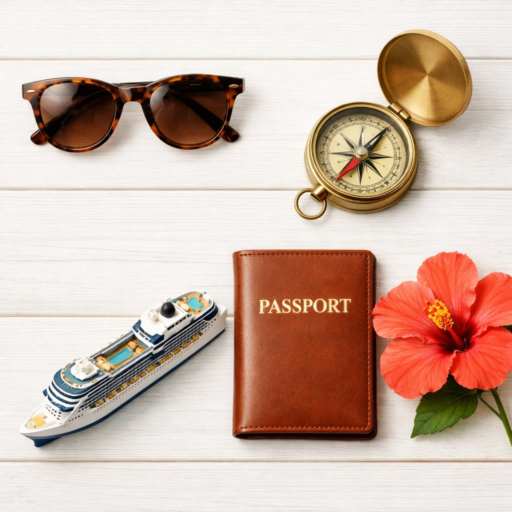 Flat-lay of travel gear and cruise ship model representing professional group cruise booking perks.