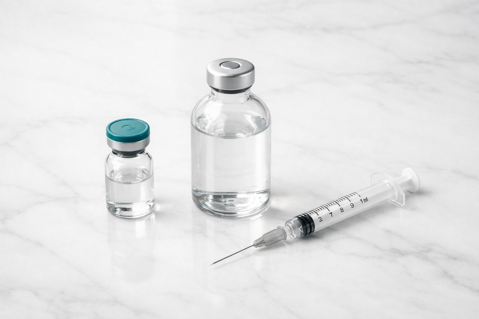 Essential peptide research supplies including a glass vial, sterile water bottle, and a precision syringe.