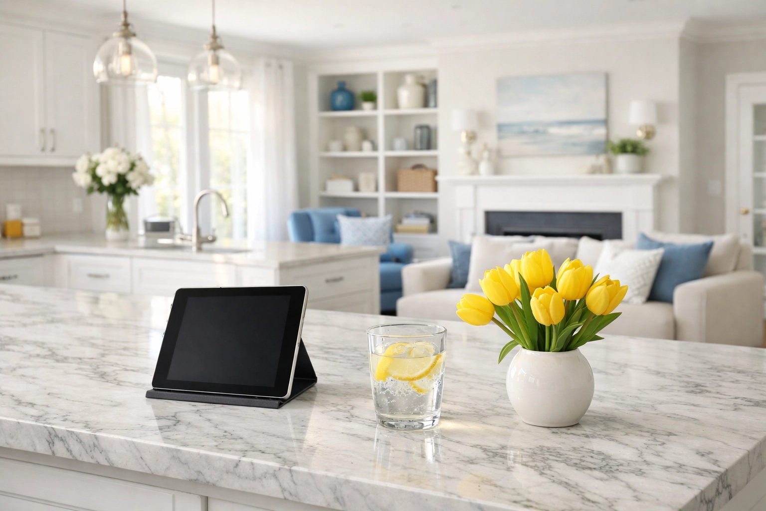 Organized Westborough kitchen marble island showing a planned weekly house cleaning routine for a stress-free home.
