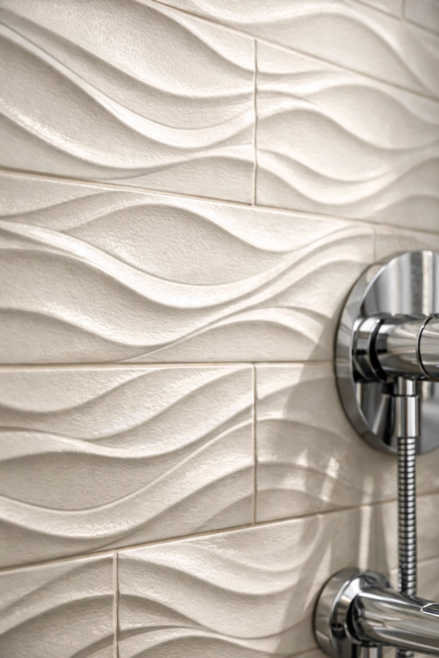 Textured wave-pattern white tiles with soft grout on Orlando bathroom accent wall