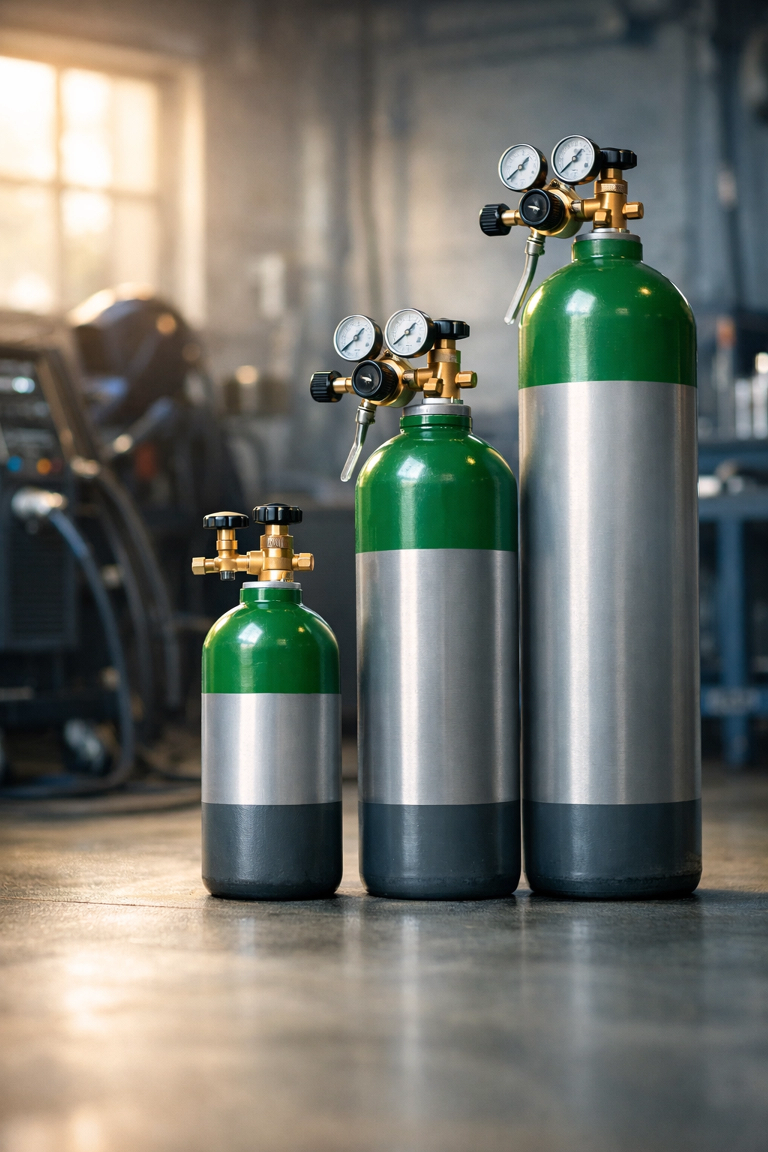 Three MIG gas bottles in small, medium and large sizes compared side by side in workshop