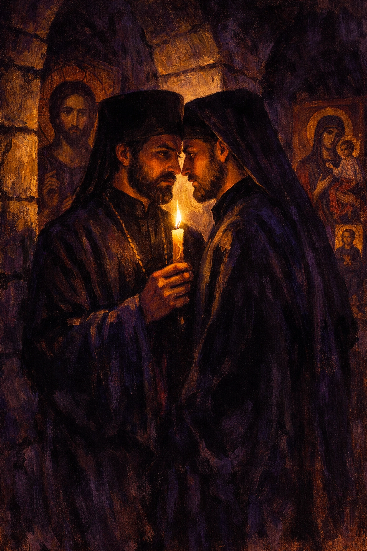 Two Orthodox priests in intimate moment showing forbidden gay romance connection